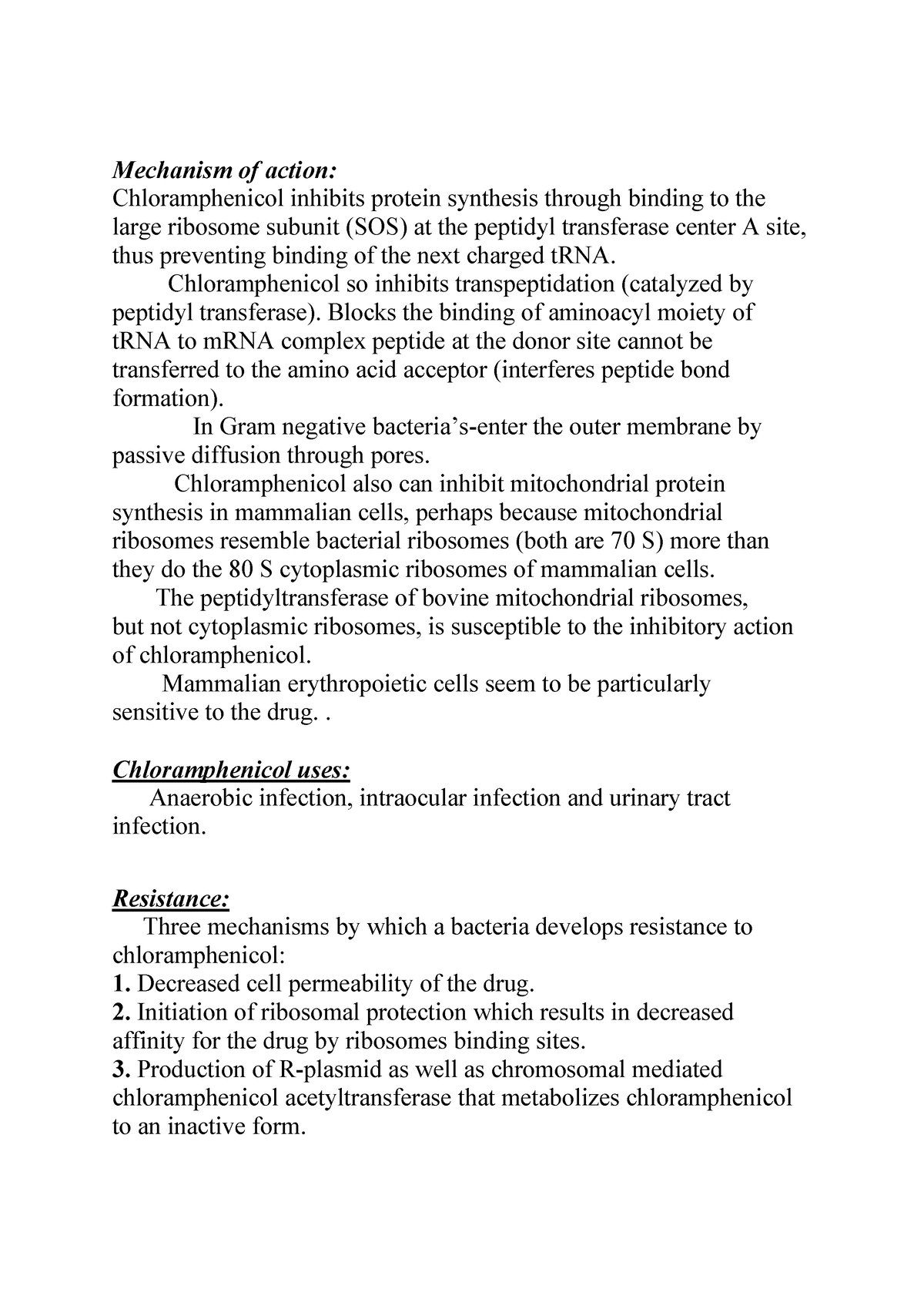 Antibiotic Chemisrty - Mechanism Of Action: Chloramphenicol Inhibits 