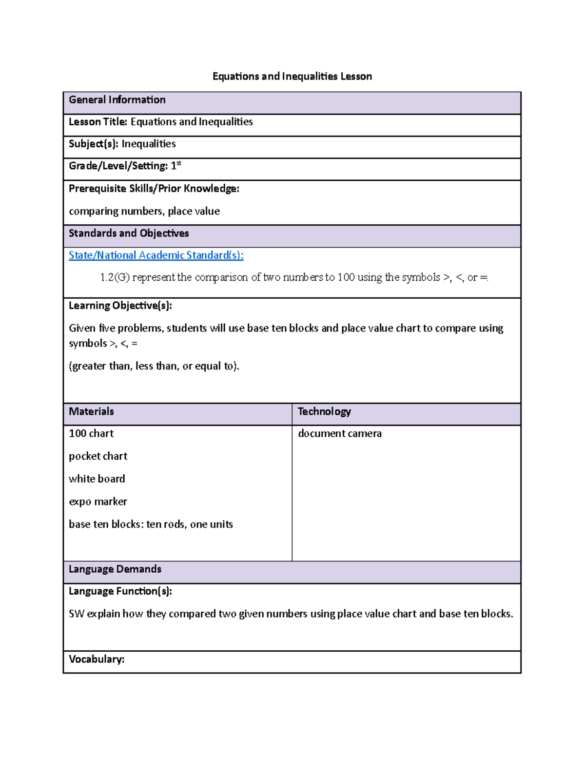 Equations and Inequalities Lesson Plan - Equations and Inequalities ...