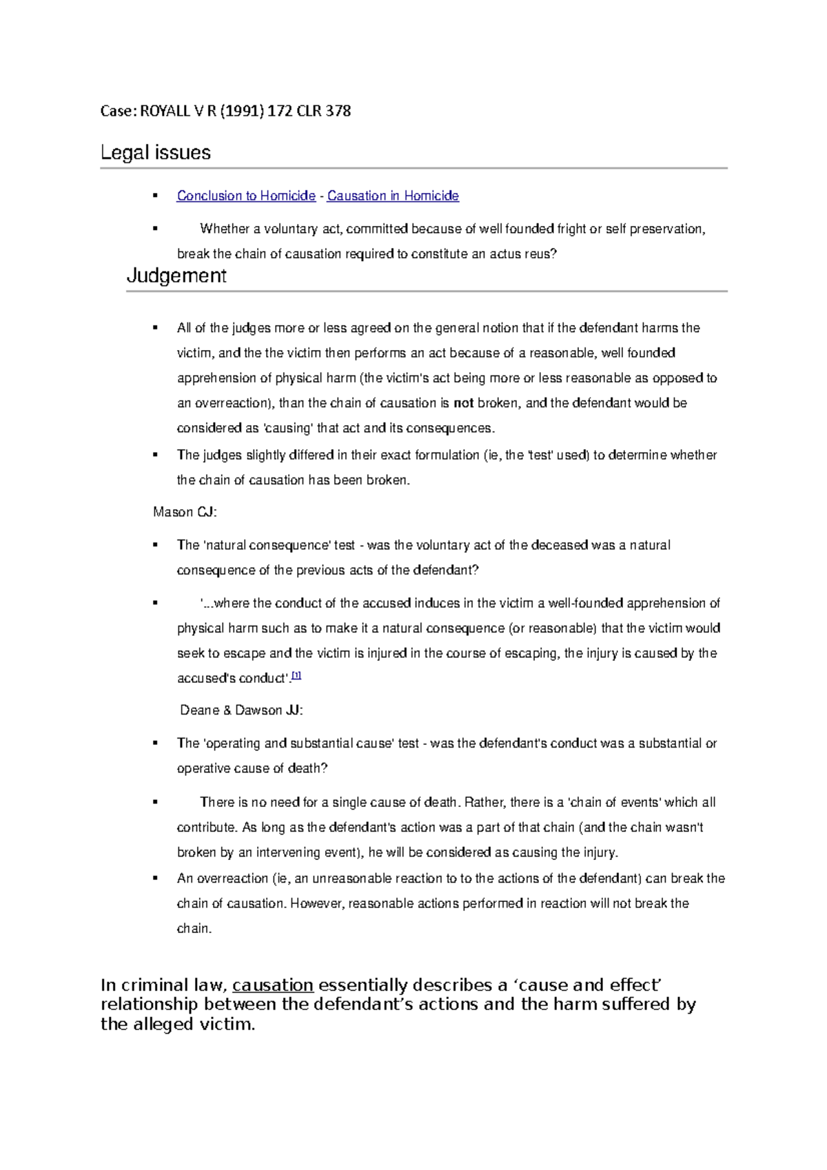 Royall v R Important Case Notes Case ROYALL V R (1991) 172 CLR 378