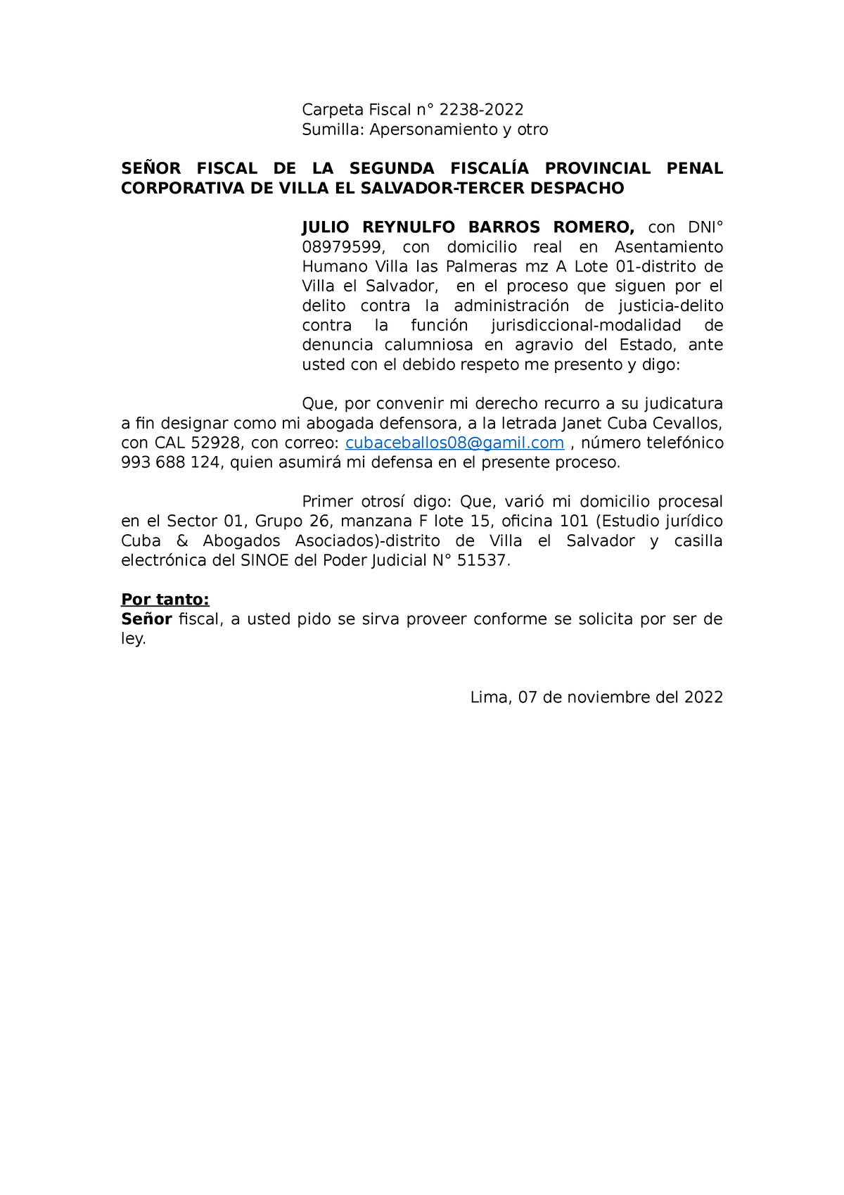 Modelo DE Escrito DE Apersonamiento - Carpeta Fiscal n° 2238- Sumilla ...