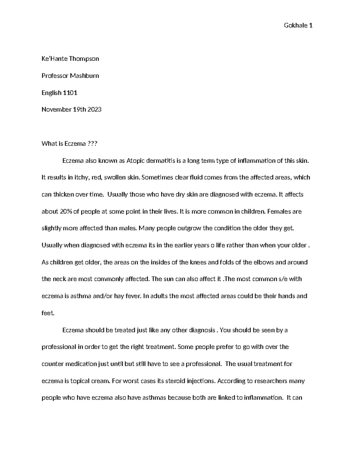 Eczema Rough Ke Hante Thompson Professor Mashburn English 1101