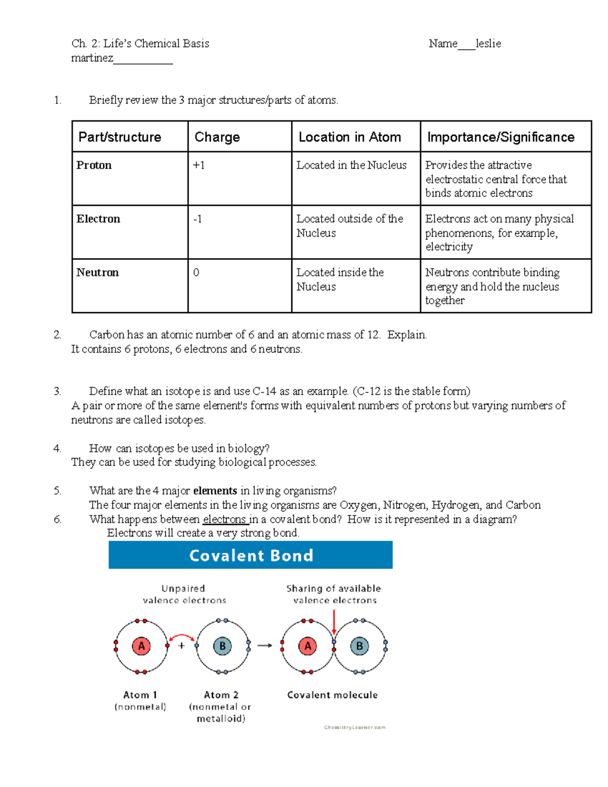 ST Ch 2 study guide - bio work - Ch. 2: Life’s Chemical Basis Name ...