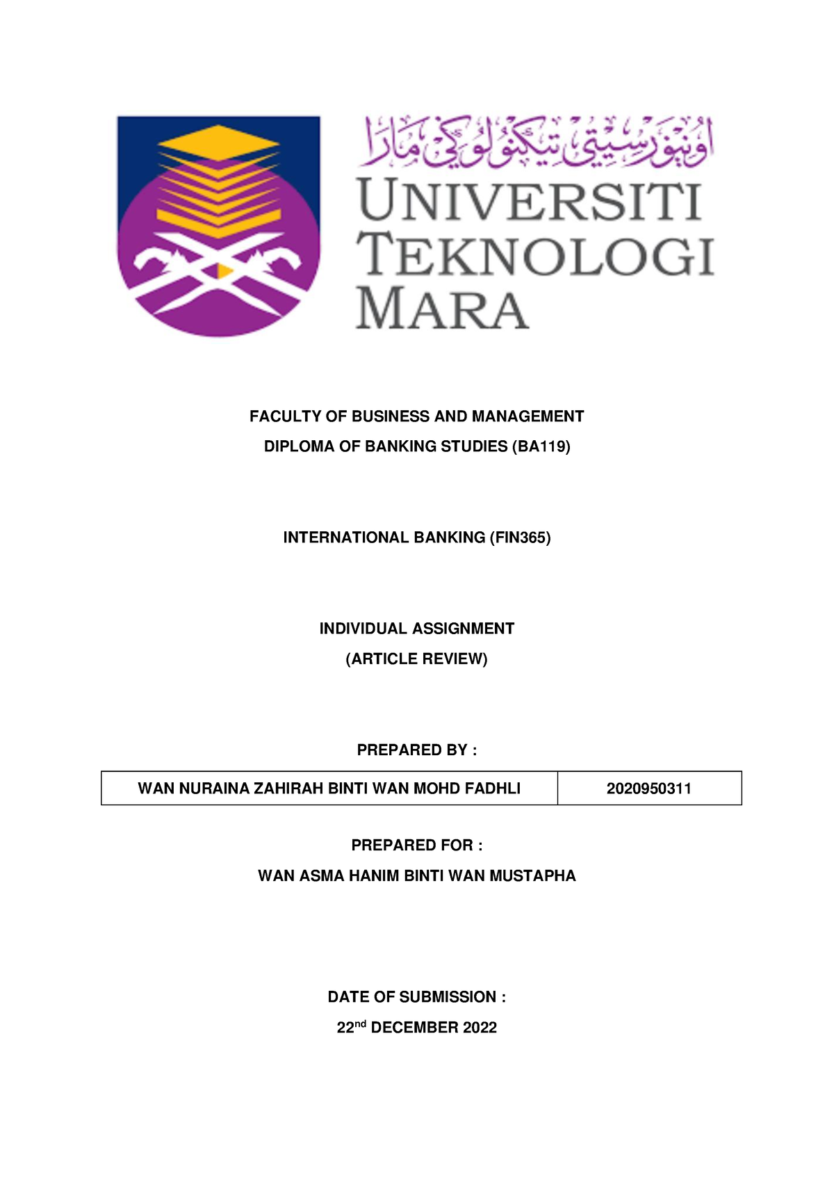 FIN365 Individual Assignment - WAN Nuraina Zahirah Binti WAN MOHD ...