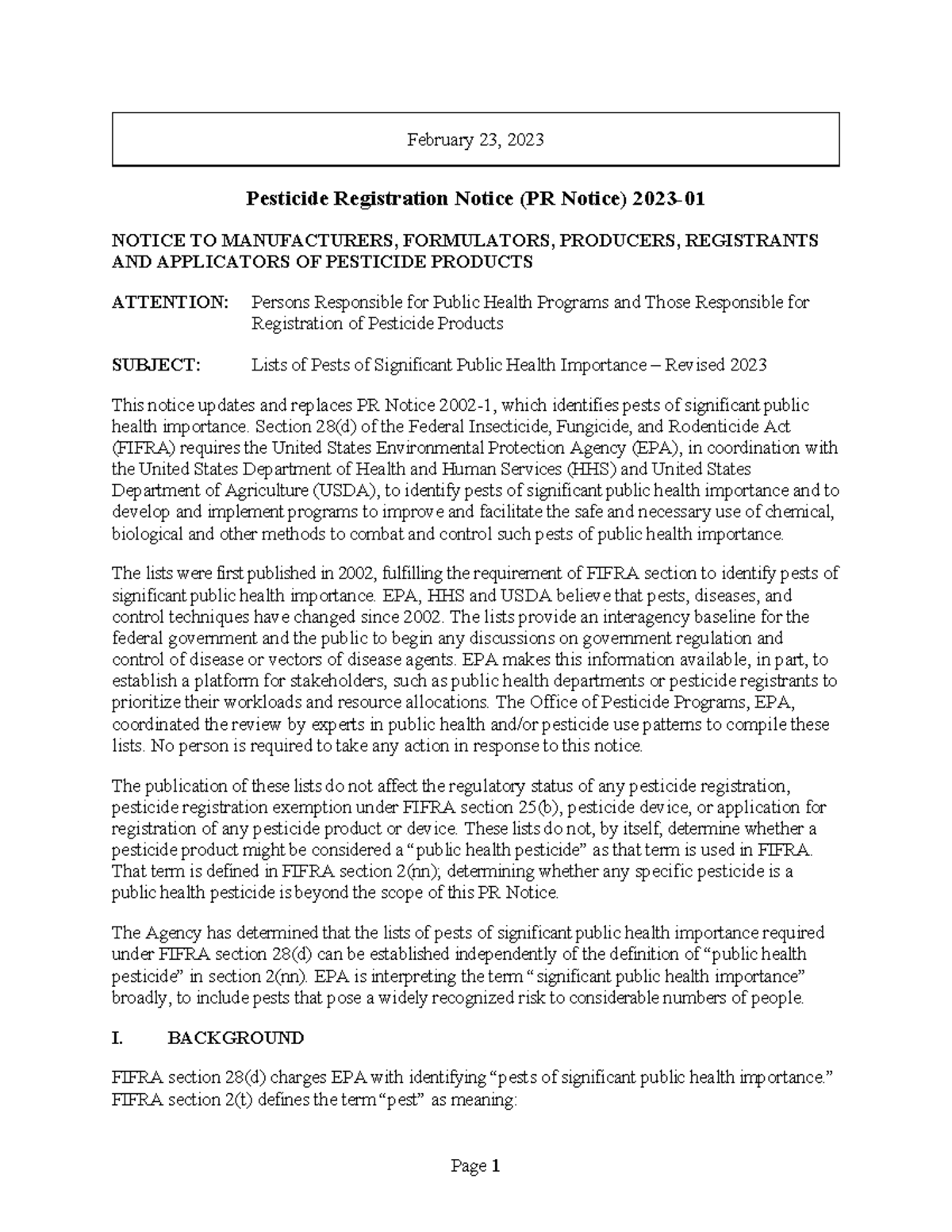 EPA HQ OPP 2020 0260 001 Health Page 1 February 23, 2023 Pesticide