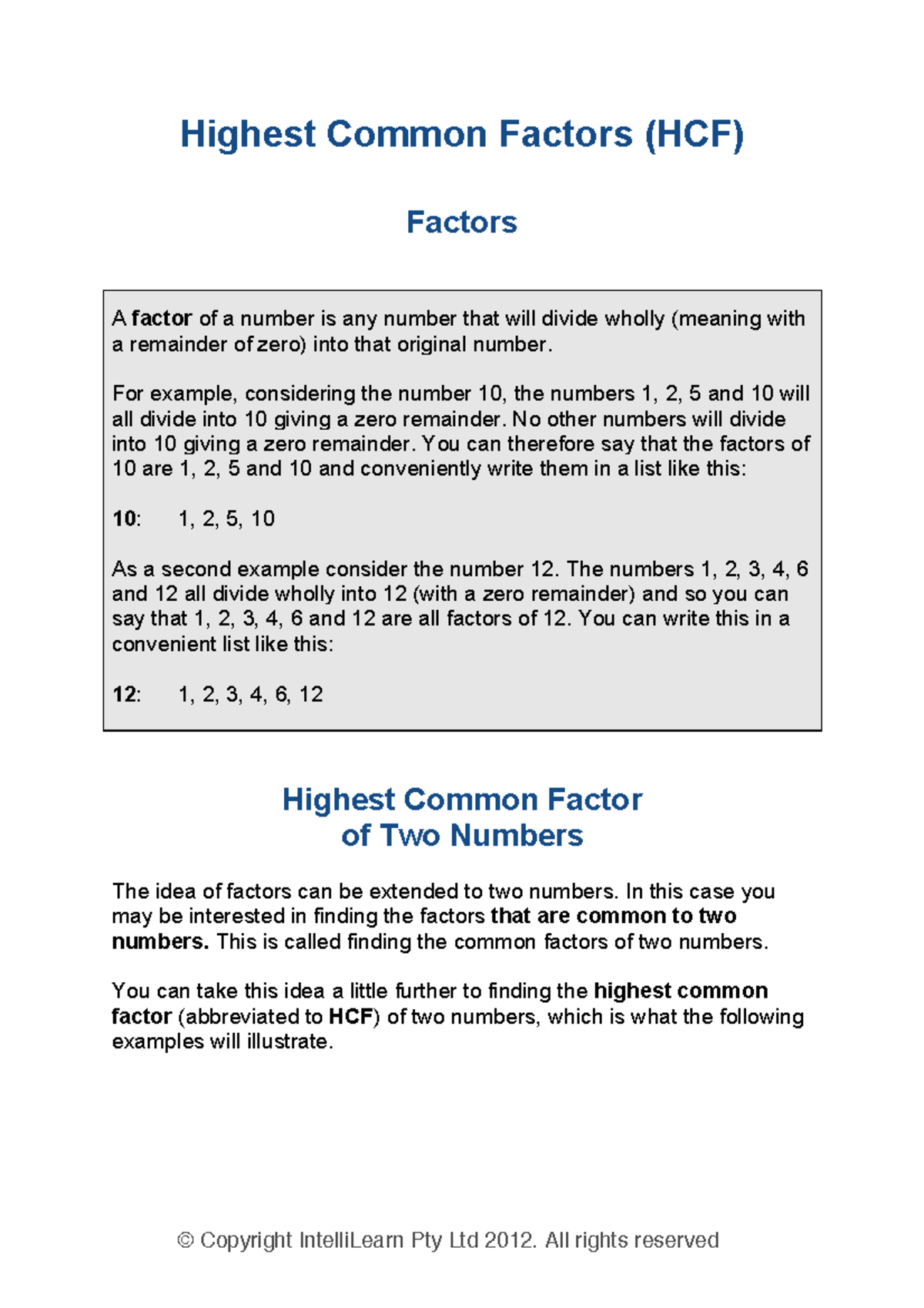 P14-14005 - Med Cal - Highest Common Factors (HCF) Factors A factor of ...