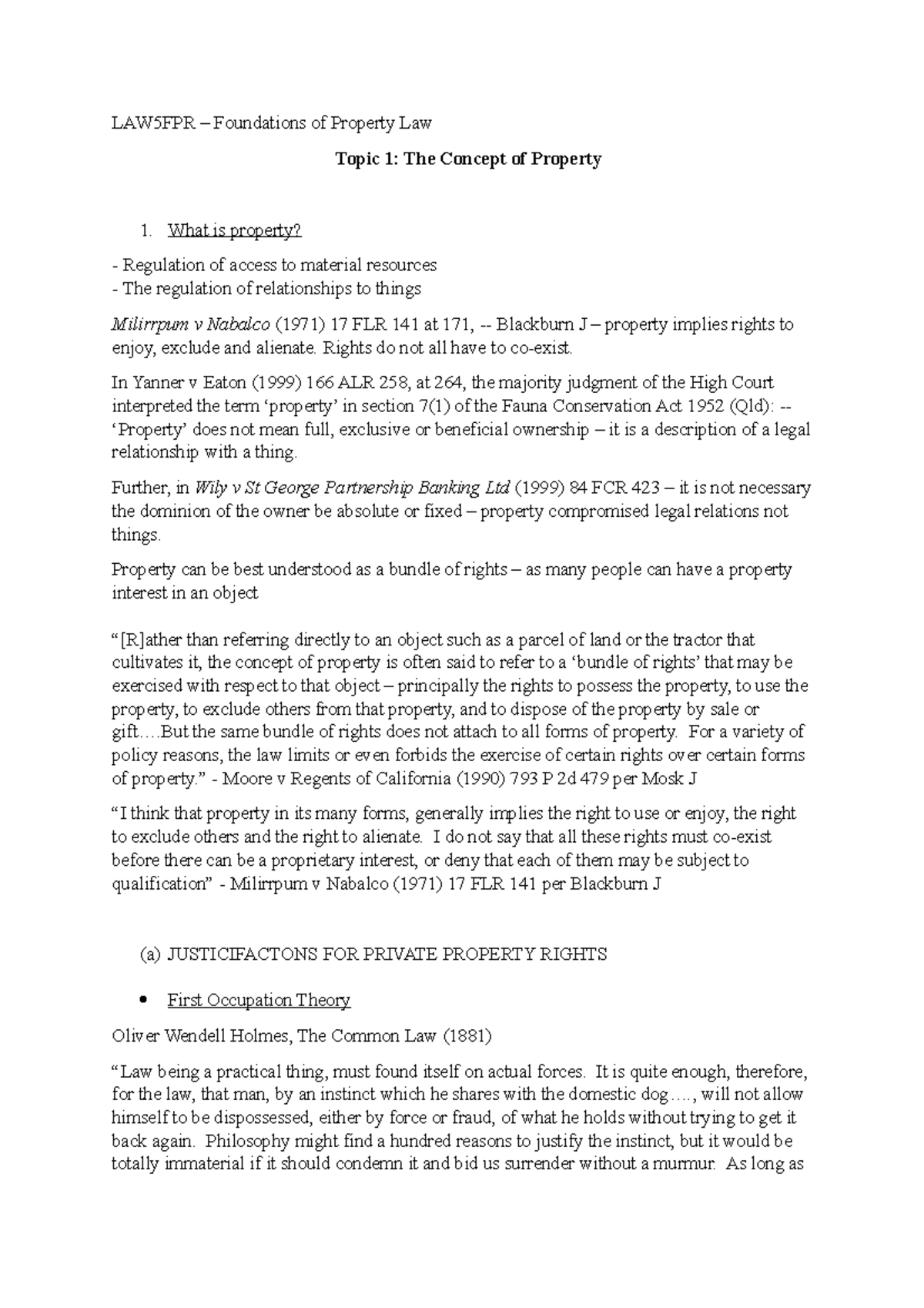 Week 1 notes - LAW5FPR - LAW5FPR – Foundations of Property Law Topic 1 ...