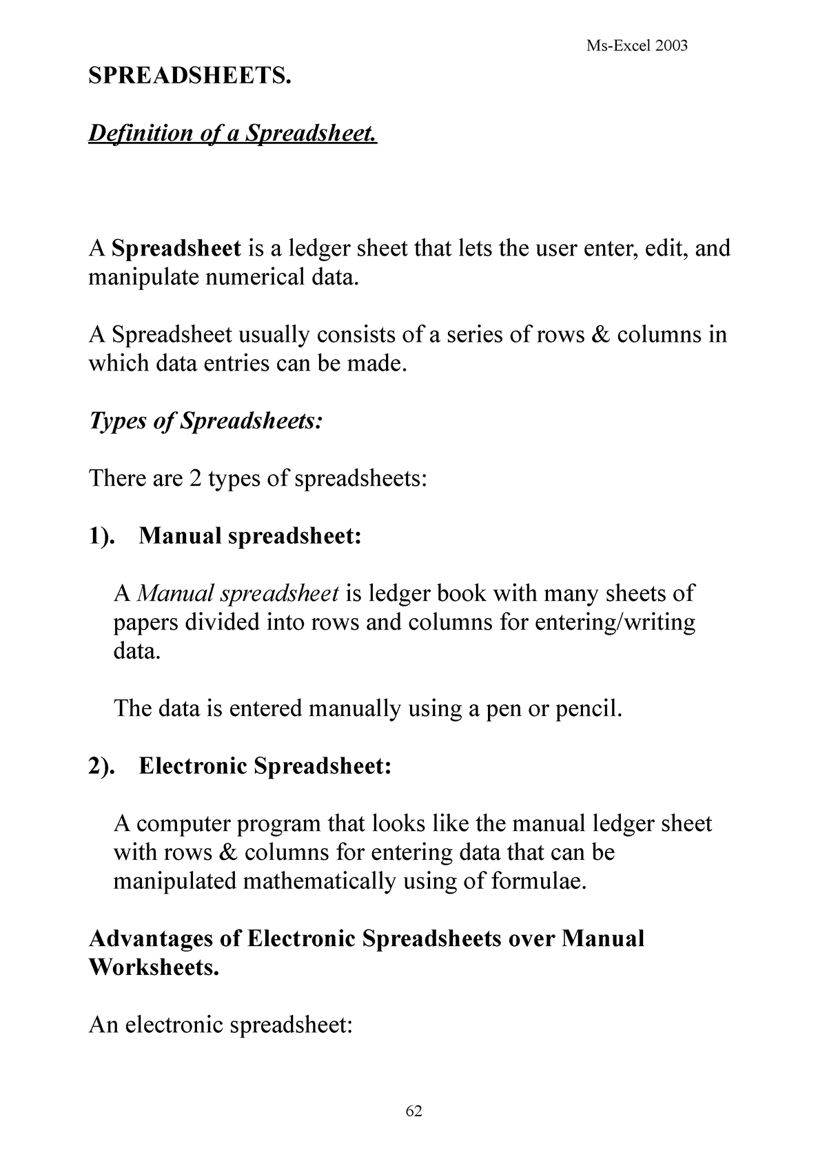 ms-excel-notes-ict-spreadsheets-definition-of-a-spreadsheet-a