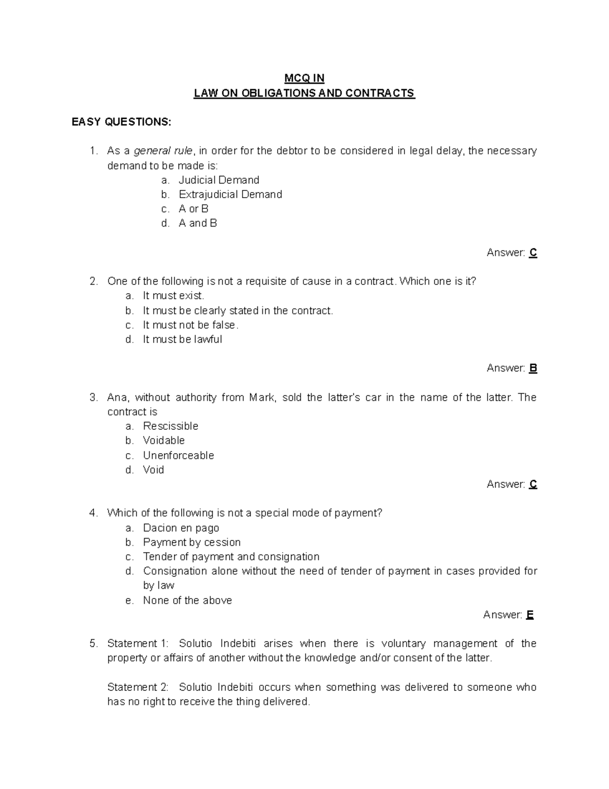 MCQ IN LAW ON Obligations AND Contracts - MCQ IN LAW ON OBLIGATIONS AND ...