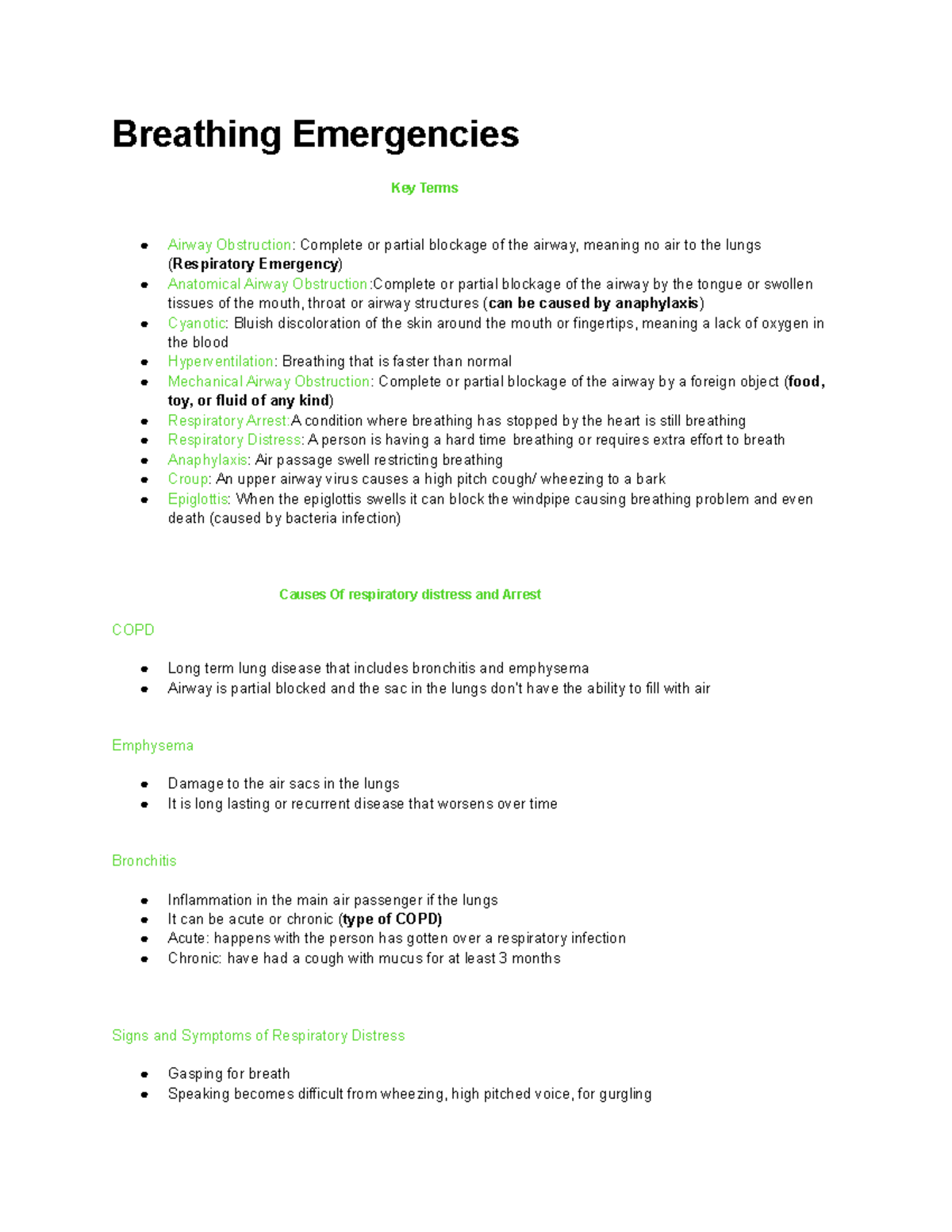 Chapter 7 Breathing Emergencies Breathing Emergencies Key Terms