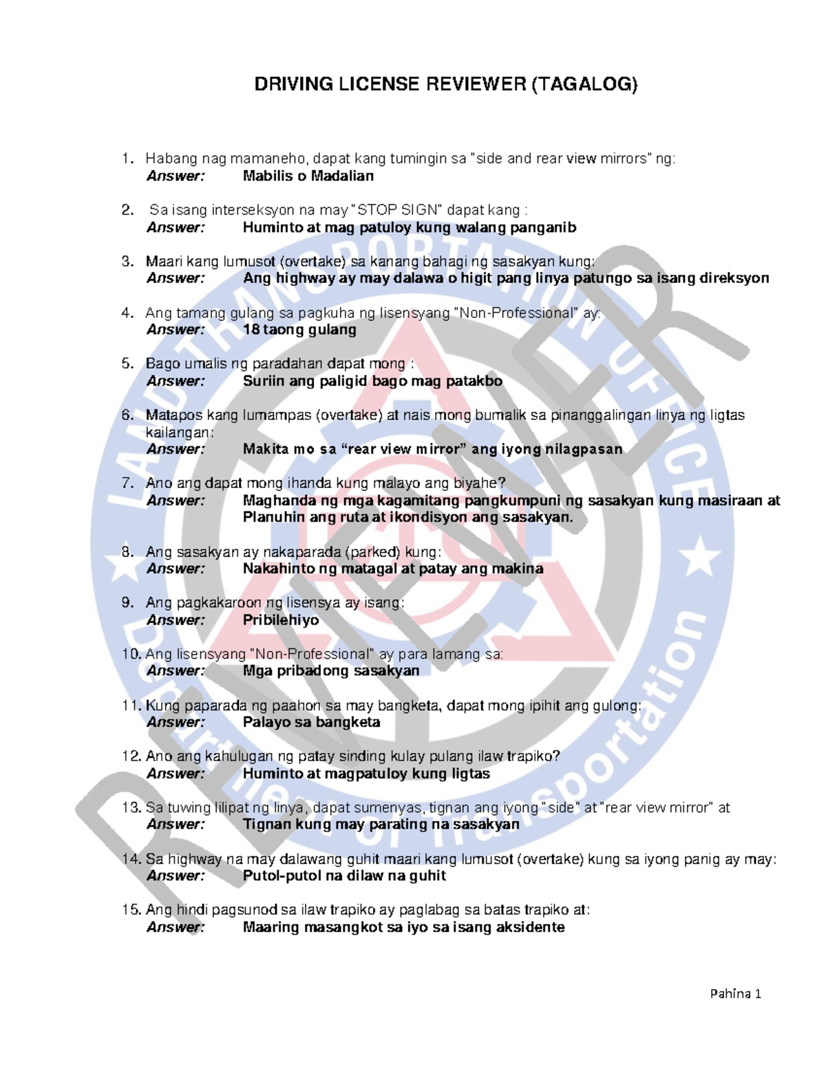 Tagalog Reviewer DRIVING LICENSE REVIEWER (TAGALOG) Habang nag