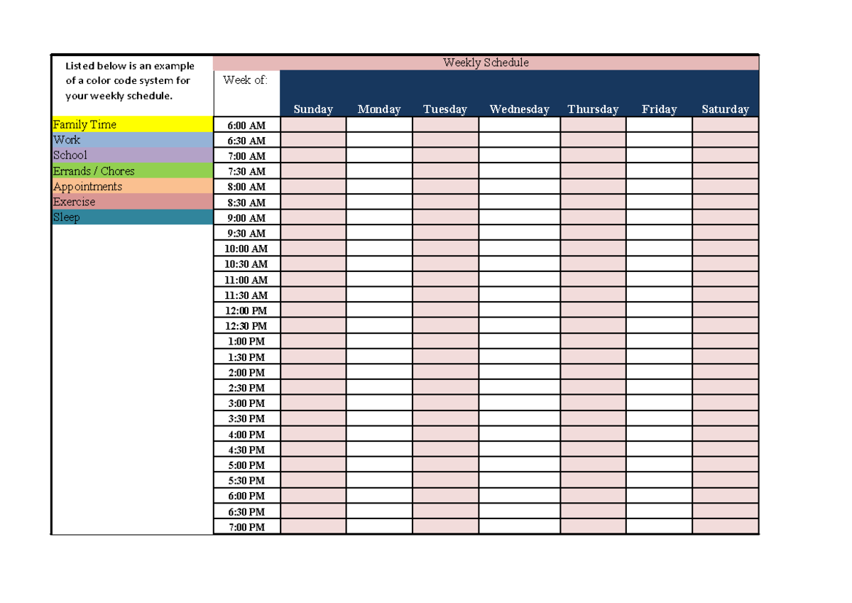 Time management sheet - Weekly Schedule Week of: Sunday Monday Tuesday ...