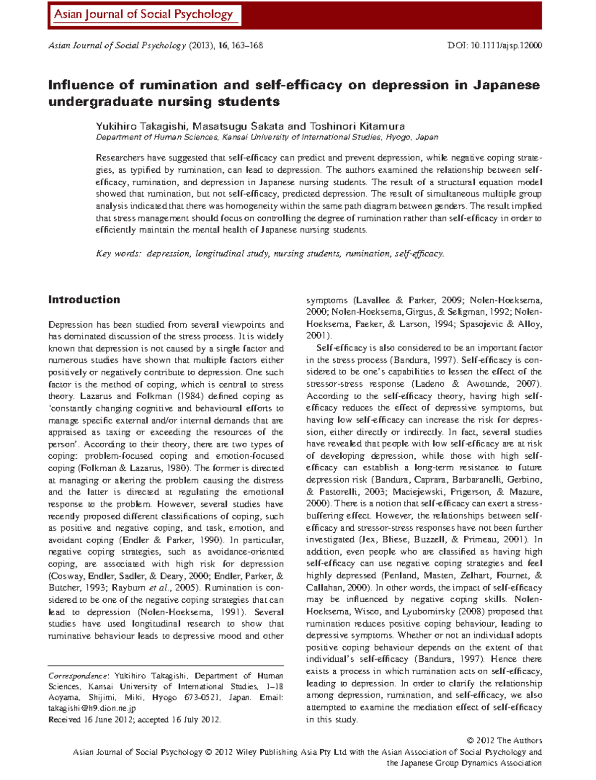 Influence of rumination and selfefficacy on depression in Japanese