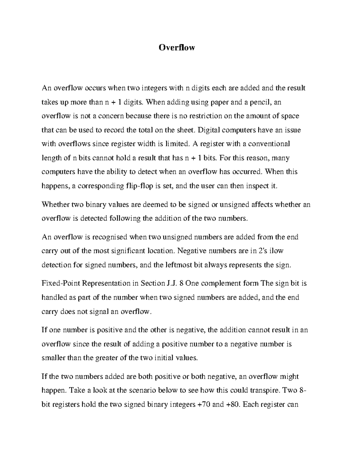 Overflow - Overflow An overflow occurs when two integers with n digits ...