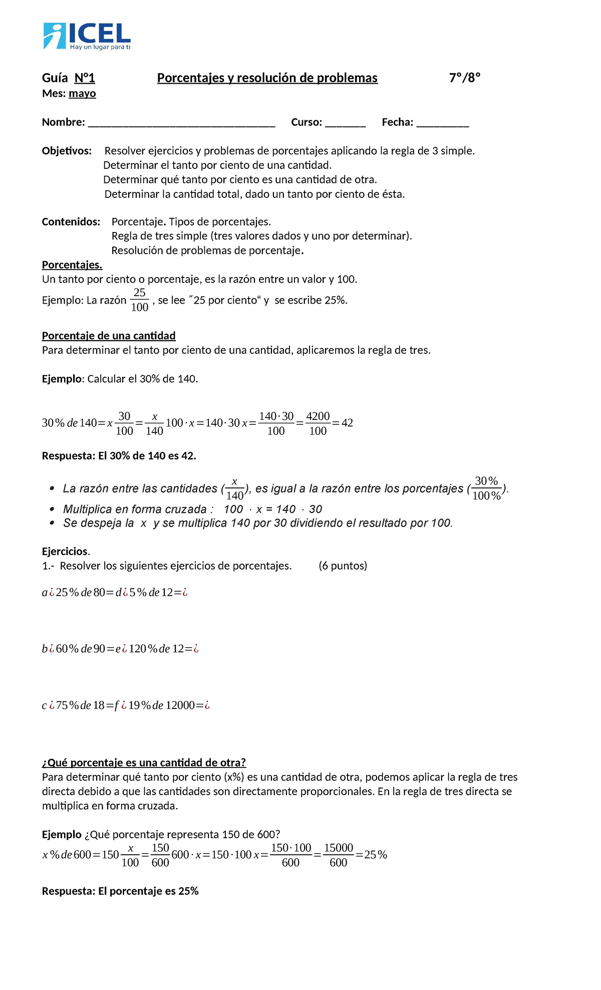 Tercer Ciclo Guía N°1 mayo Porcentajes y resolución de problemas - Guía ...