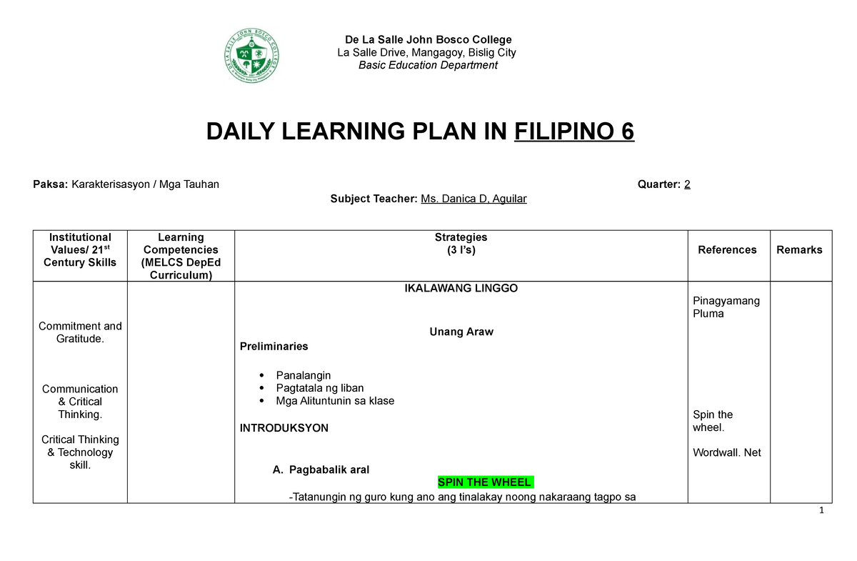 Daily Learning Plan - De La Salle John Bosco College La Salle Drive ...