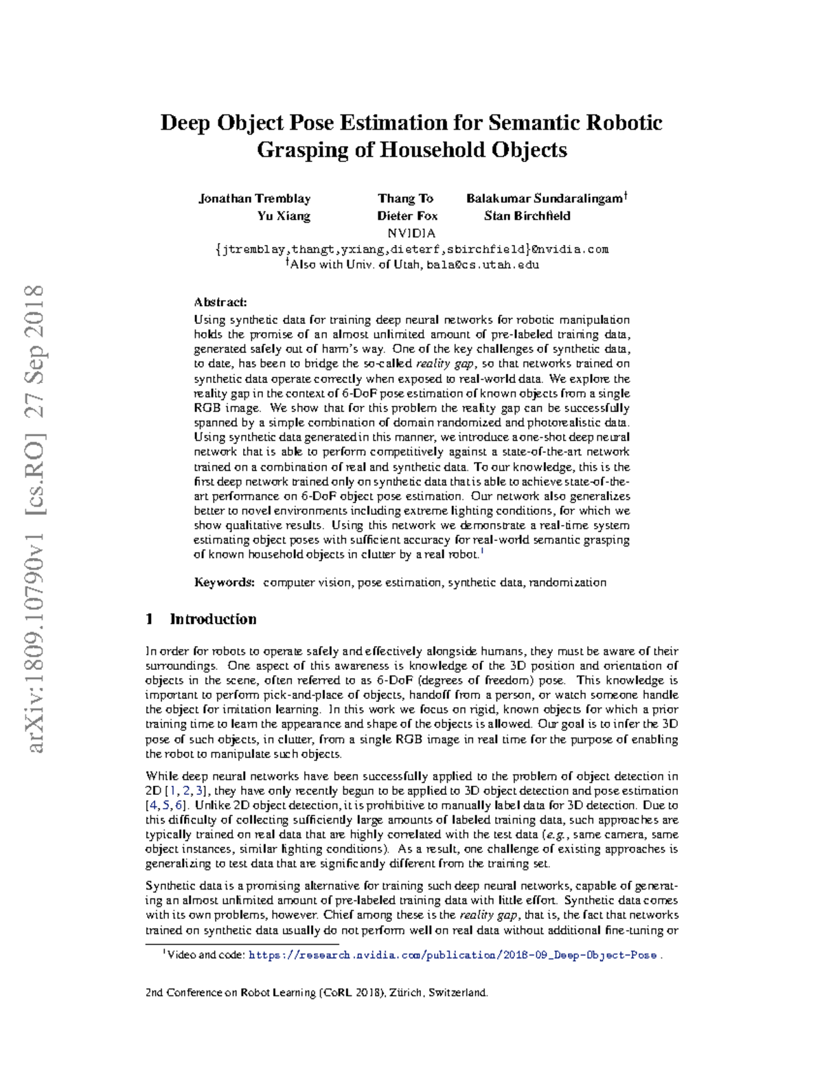 Deep Object Pose Estimation for Semantic Robotic - of Utah, bala@cs ...