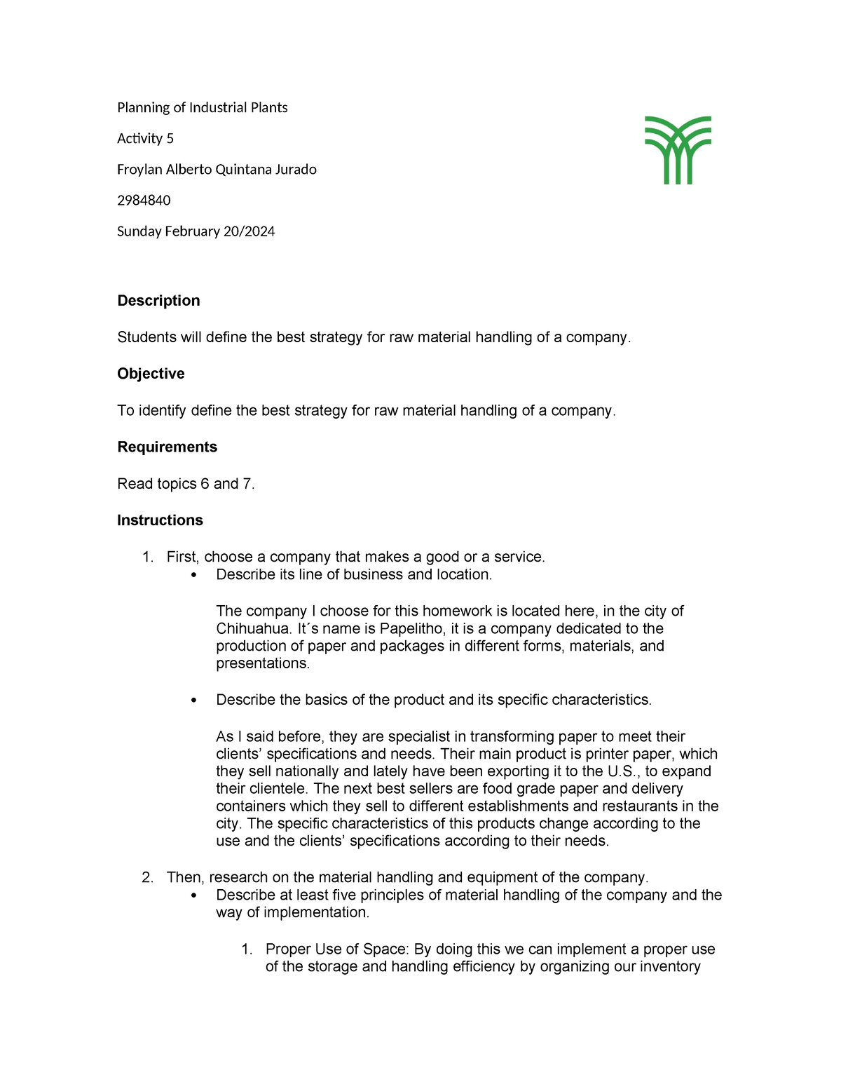 Actividad 5 - Planning of Industrial Plants Activity 5 Froylan Alberto ...