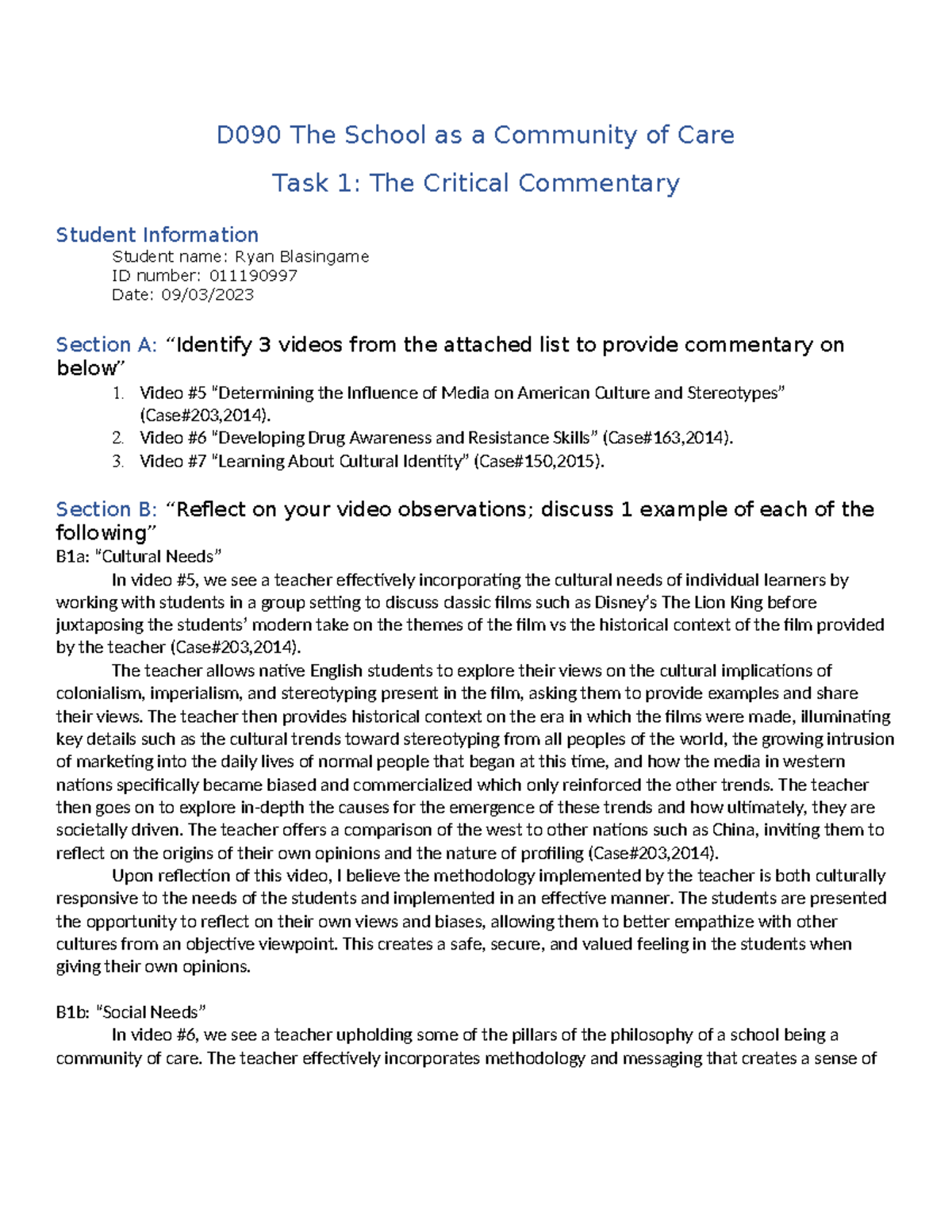 Task 1 - Assignment Pass First Try. - D090 The School As A Community Of ...