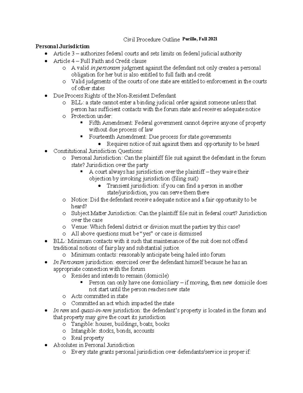 Pucillo Civ Pro Fall 2021 Outline - Civil Procedure Outline Personal ...