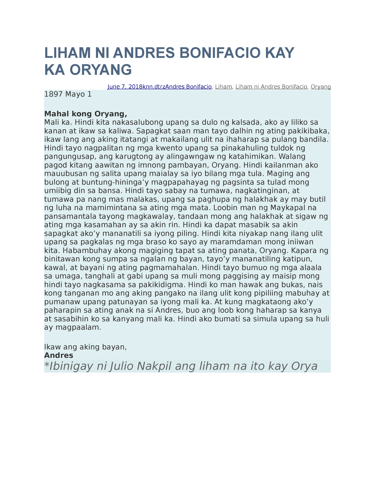 Pagsulat Ng Repleksyon Sa Liham Ni Andres Bonifacio S Vrogue Co