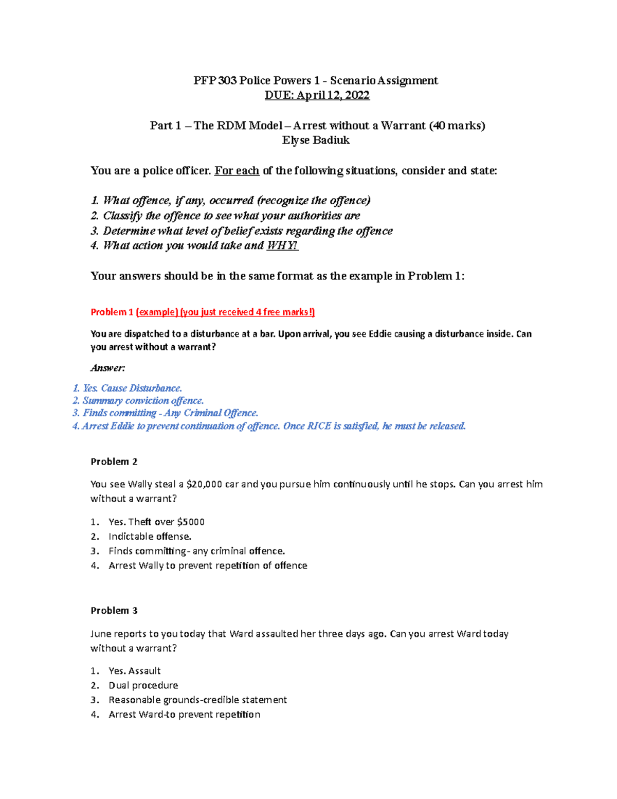 PFP 303 Police Powers 1 Scenario Assignment - PFP 303 Police Powers 1 ...