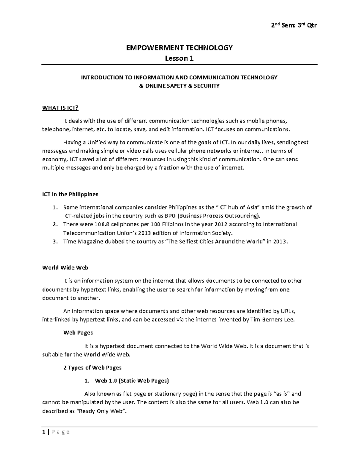 Lesson 1 EMP TECH - dqw - 2 nd Sem: 3rd Qtr 1 | P a g e EMPOWERMENT ...