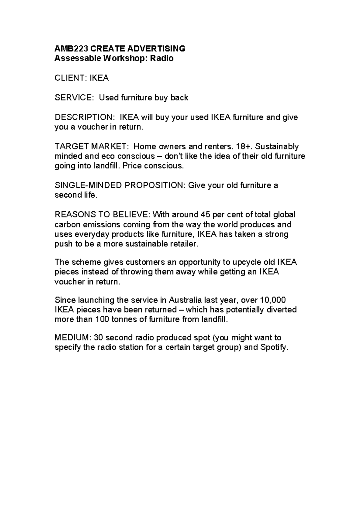 AMB223 Radio Brief IKEA - AMB223 CREATE ADVERTISING Assessable Workshop ...
