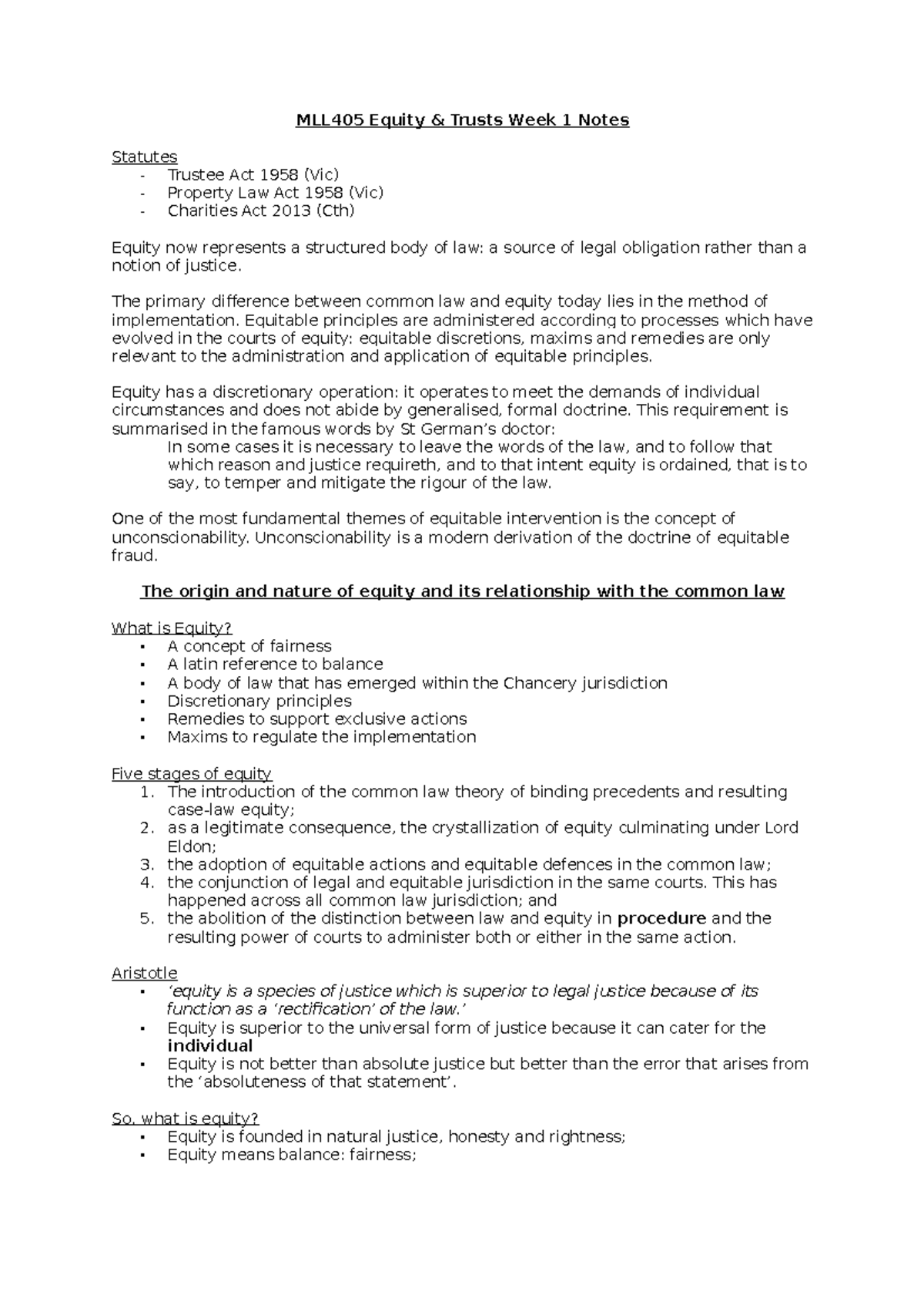 MLL405 Week 1 Lecture Notes - MLL405 Equity & Trusts Week 1 Notes ...