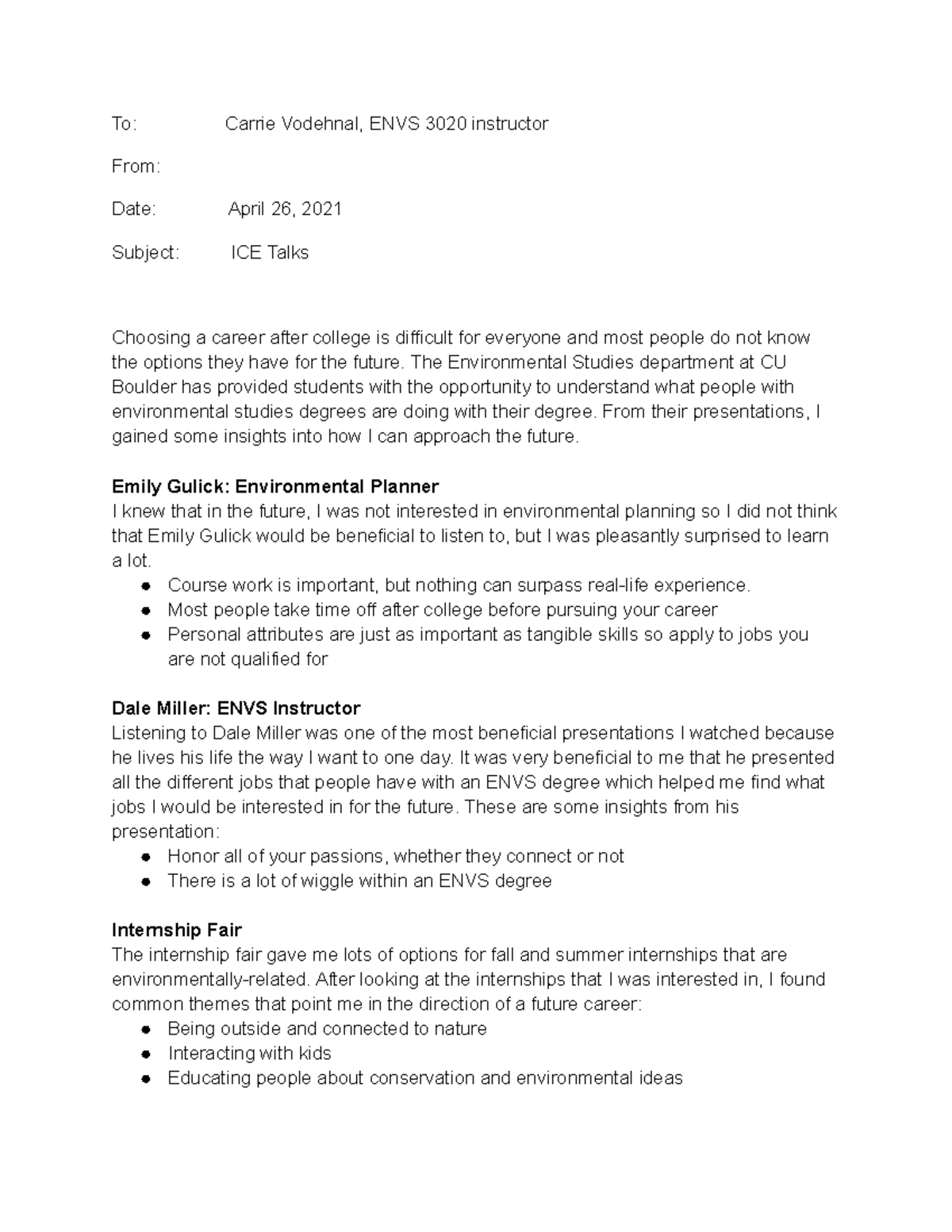 Ice talk memo - Professor Carrie Vodehnal. memo format. three different ...