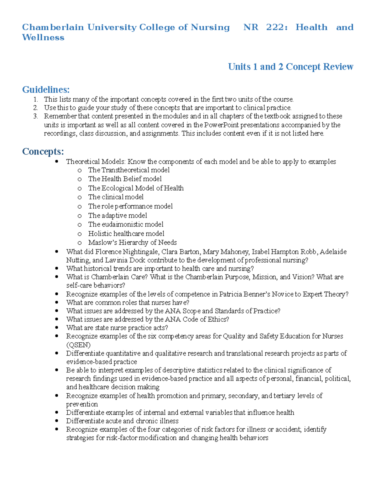 Concept Review NR 222 Units 1 And 2 - Chamberlain University College Of ...