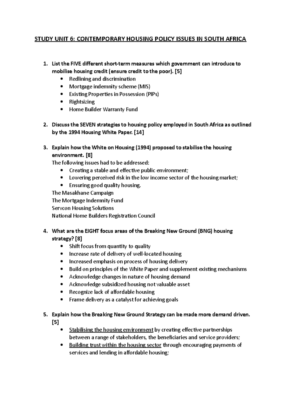 Housing & Policy Studies.DPL300B Study Unit 6 STUDY UNIT 6