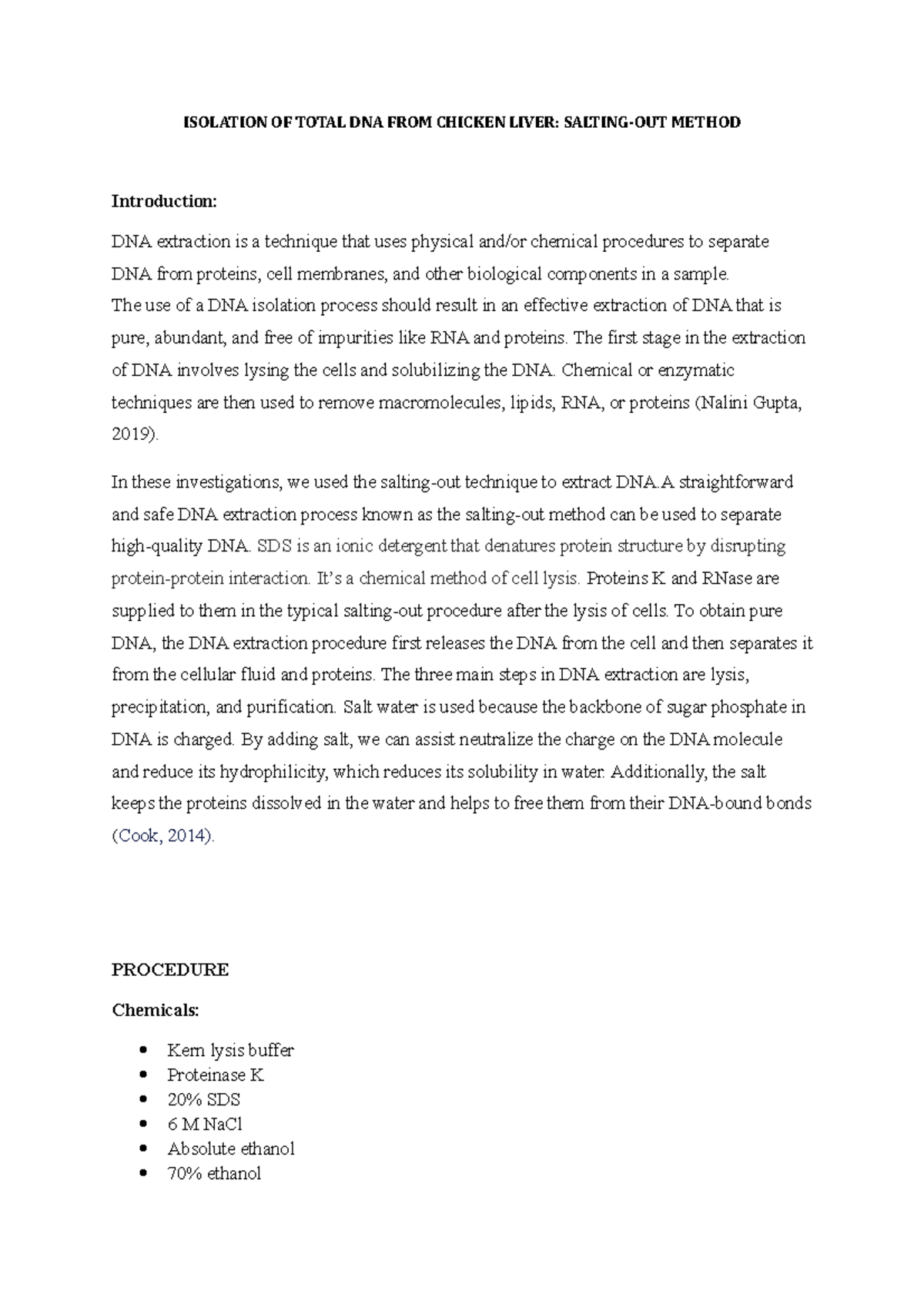 LAB 4 Isolation OF Total DNA FROM Chicken Liver ISOLATION OF TOTAL
