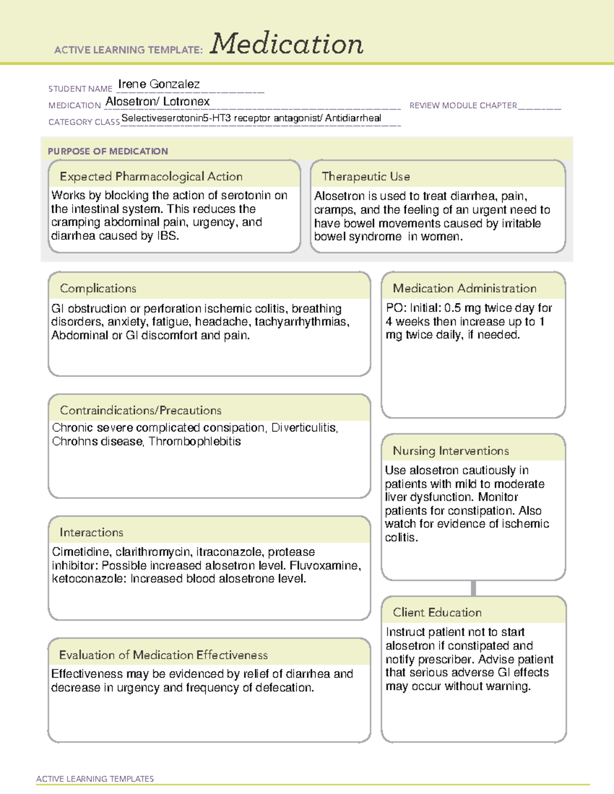 Alosetron - Review notes and answers for quiz 1 NURS 306. Notes for the ...