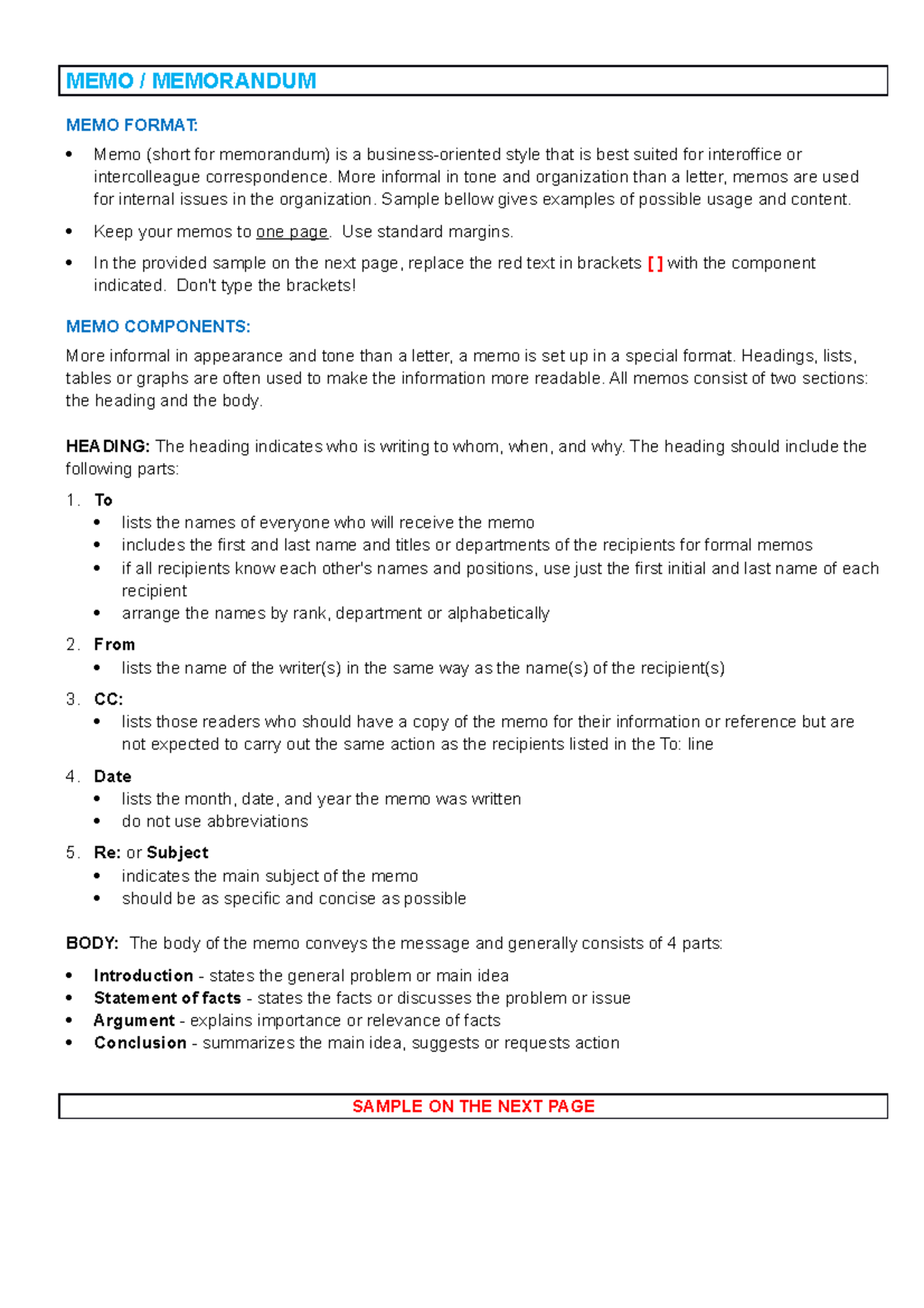 MemoFormat memo format MEMO / MEMORANDUM MEMO FORMAT Memo (short