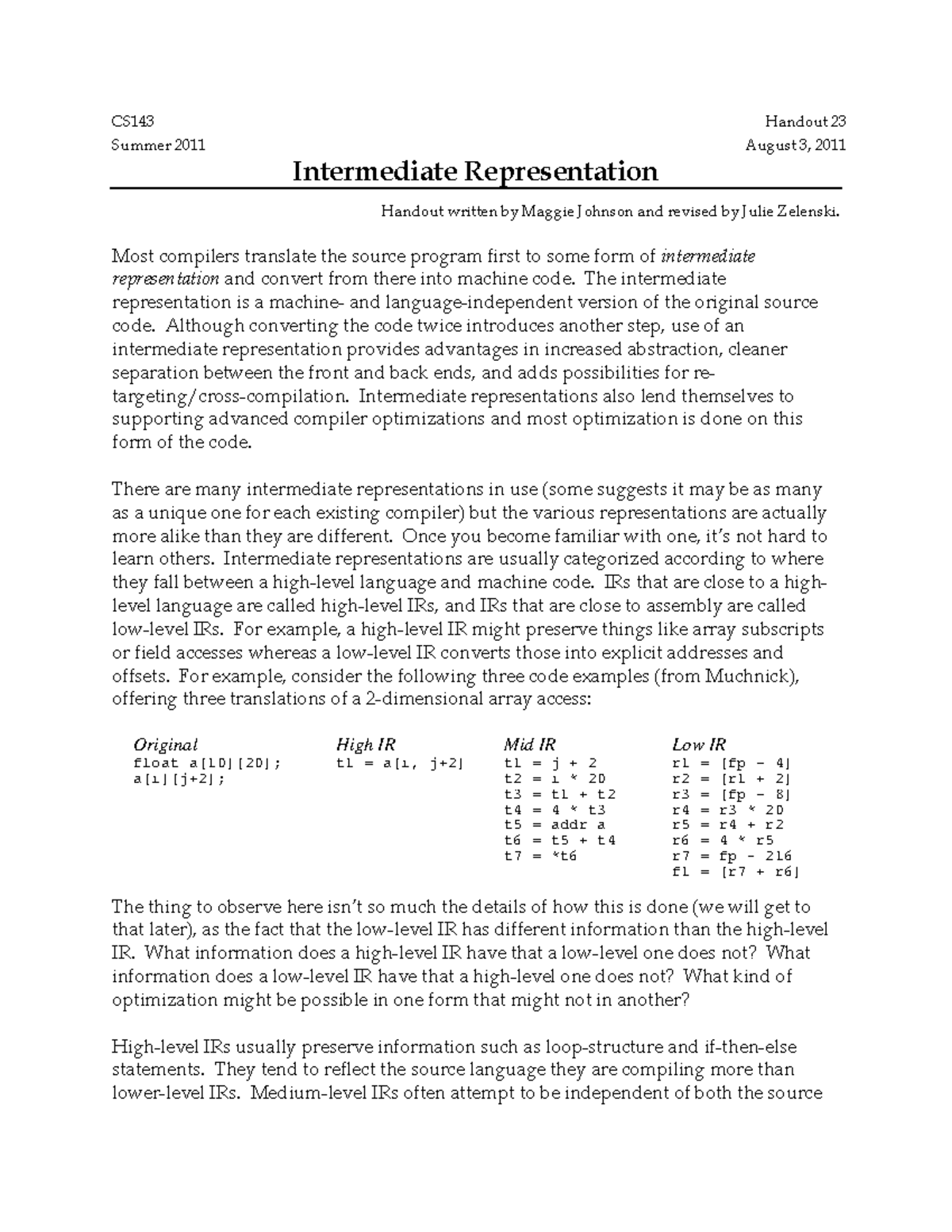 230 Intermediate Representation - - Studocu