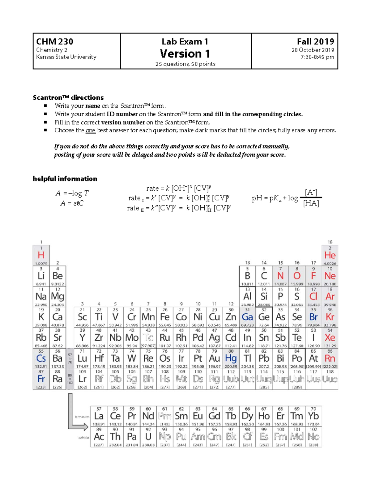 Chm230 labexam1 f2019 CHM 230 Chemistry 2 Kansas State University