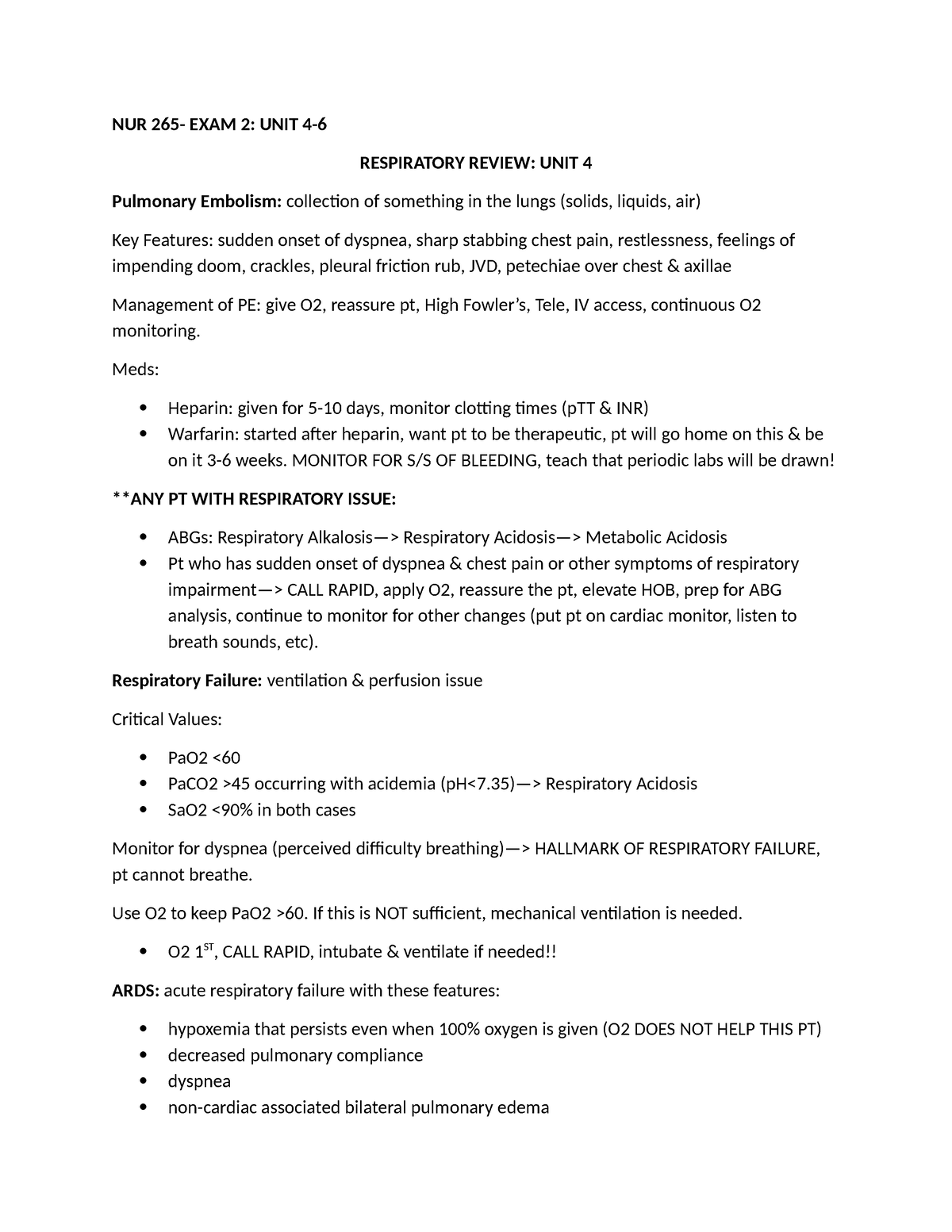 Exam 2 enrichment - NUR 265- EXAM 2: UNIT 4- RESPIRATORY REVIEW: UNIT 4 ...