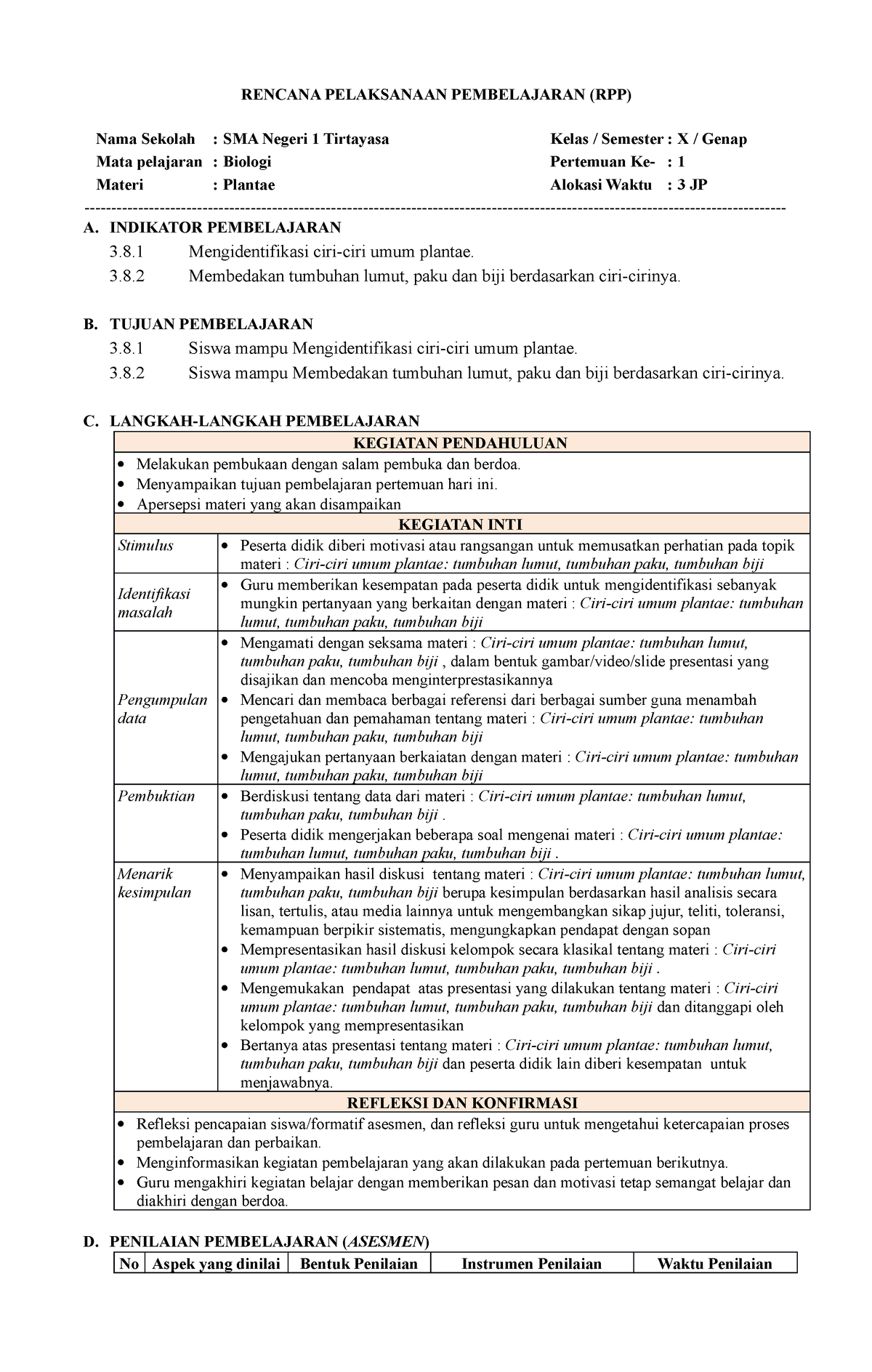 RPP 8 - Plantae - RENCANA PELAKSANAAN PEMBELAJARAN (RPP) Nama Sekolah ...