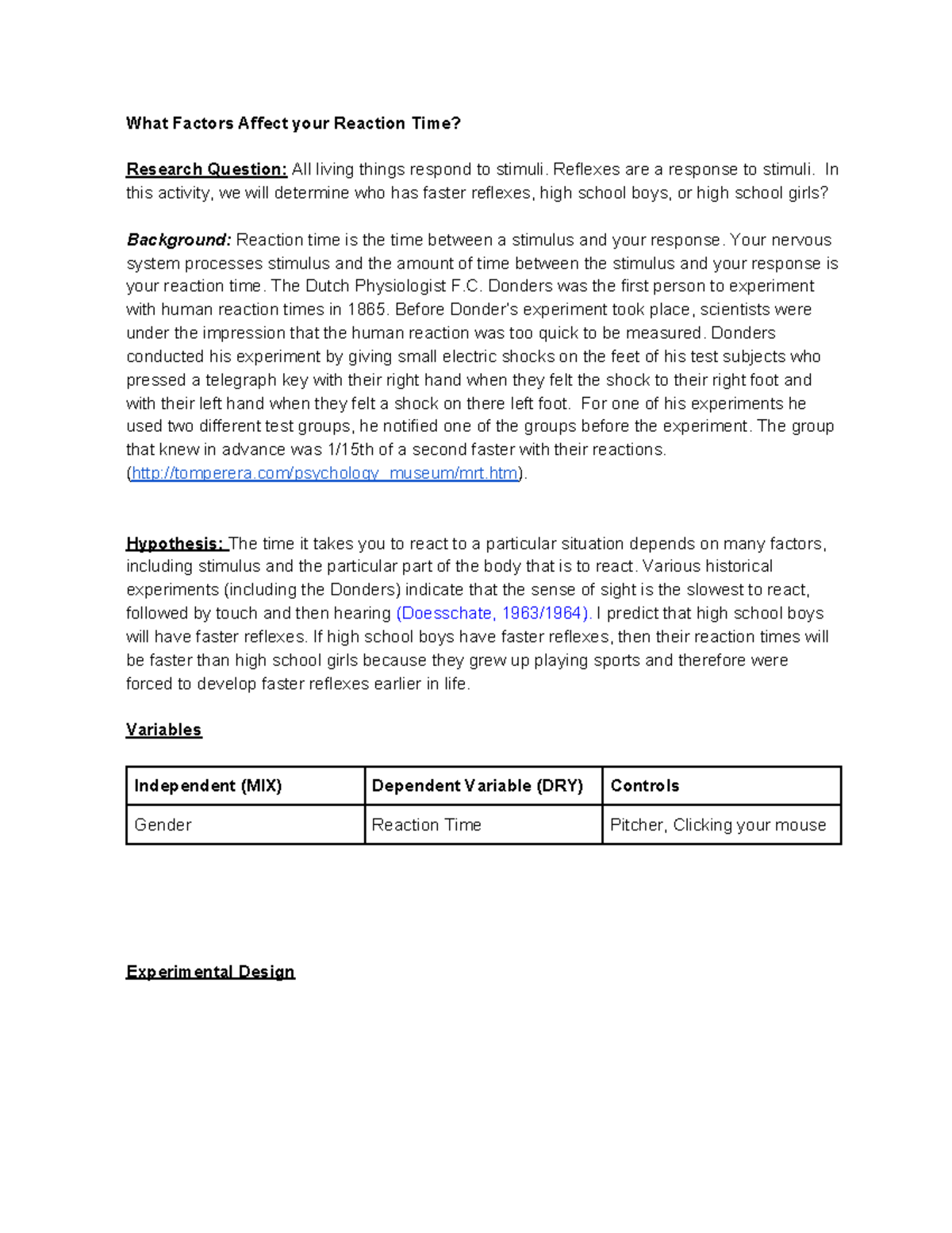 Reaction Time Lab What Factors Affect your Reaction Time? Research