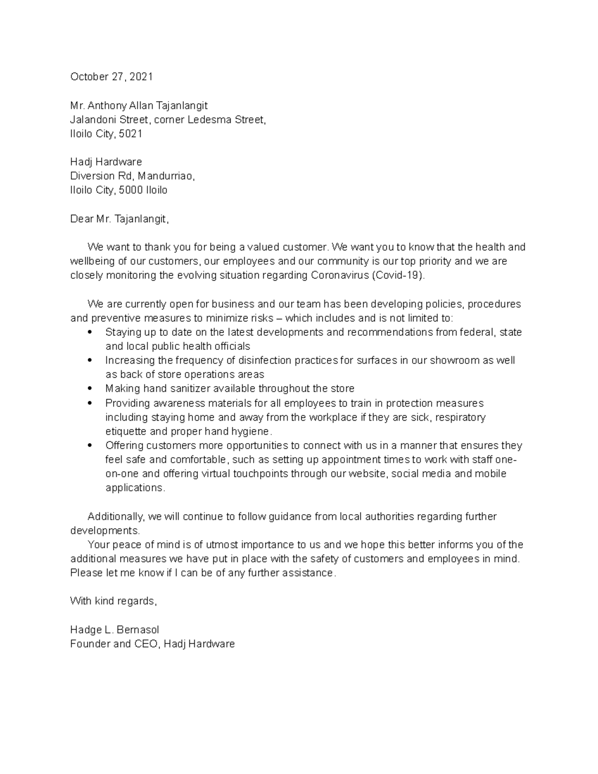 Business Letter Business Letter Business Letter - October 27, 2021 Mr ...