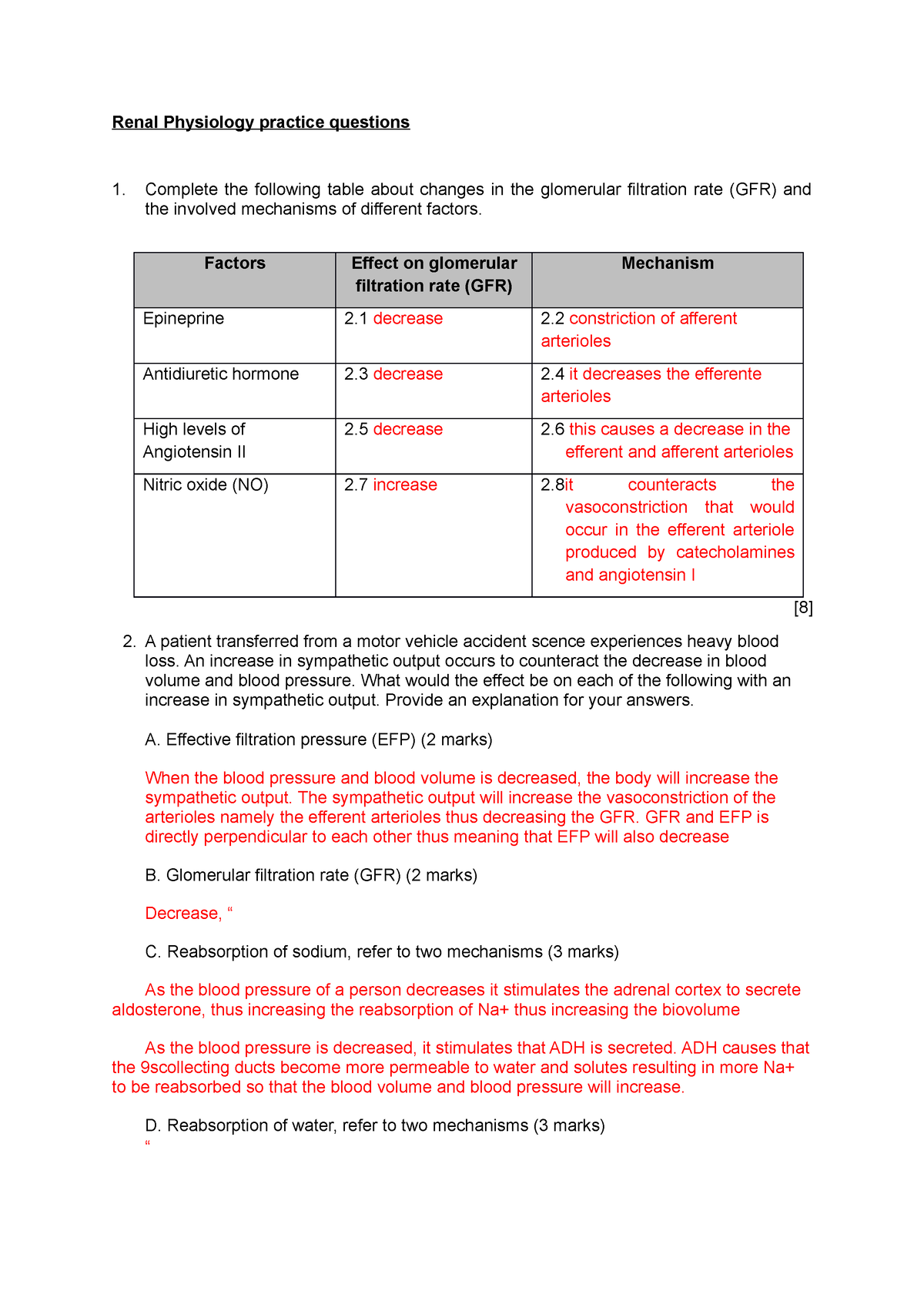 essay questions on renal physiology