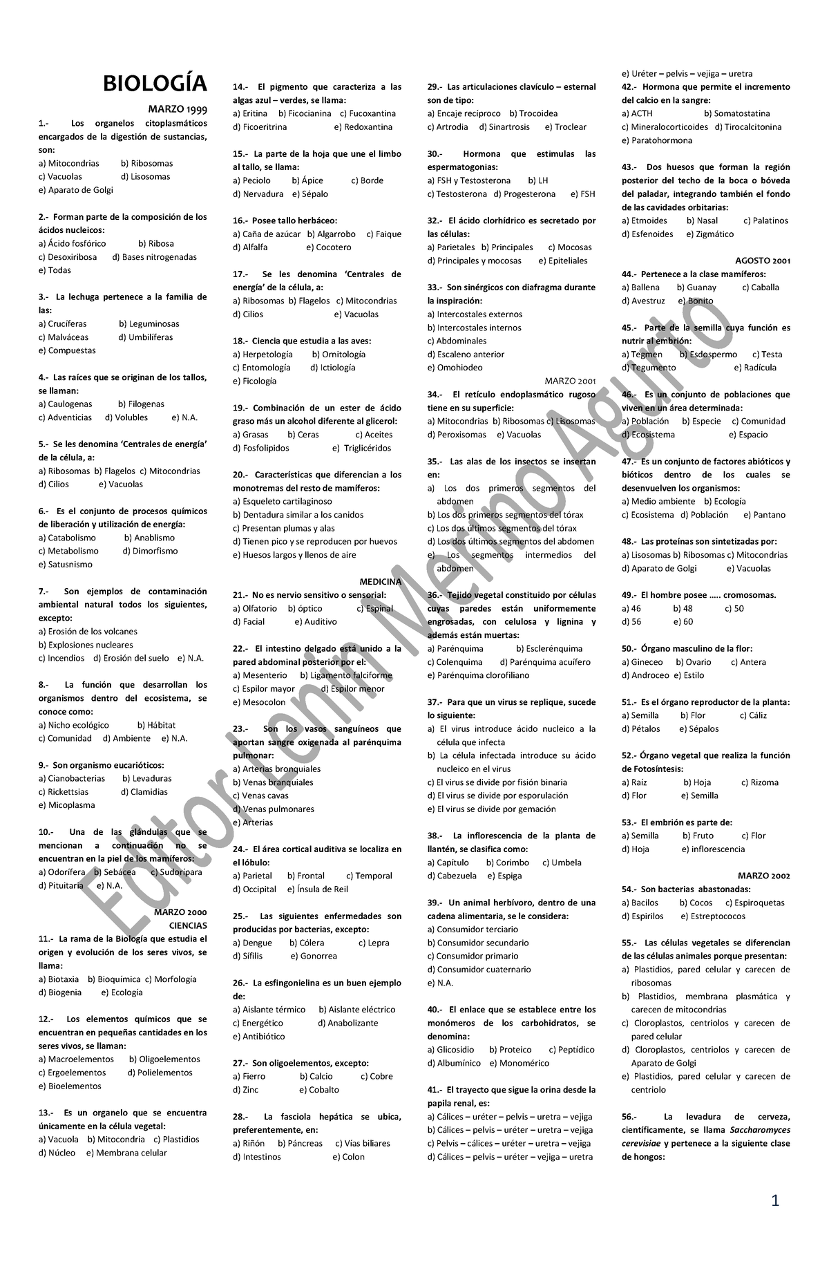 B Iologia B ANCO - BIOLOGÕA MARZO 1999 1.- Los Organelos Citoplasm ...