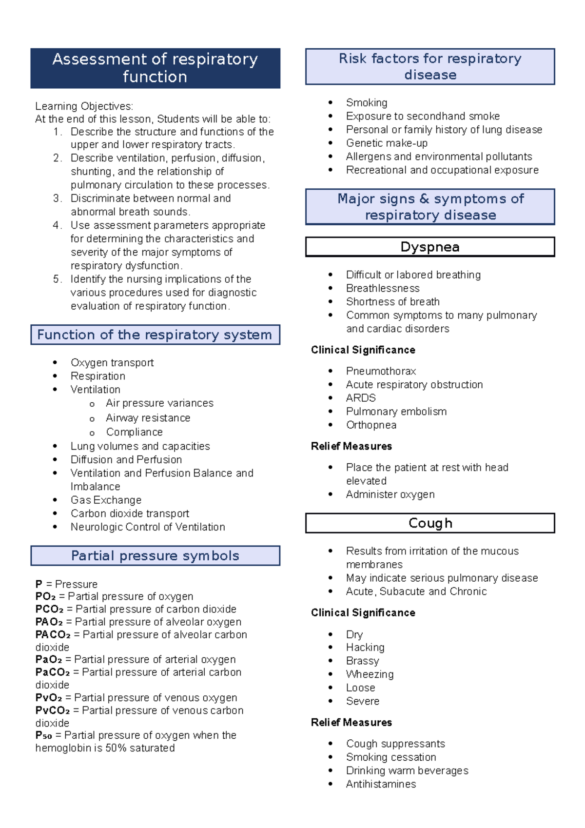 Medical Surgical Nursing I (Trans) - Assessment of respiratory function ...