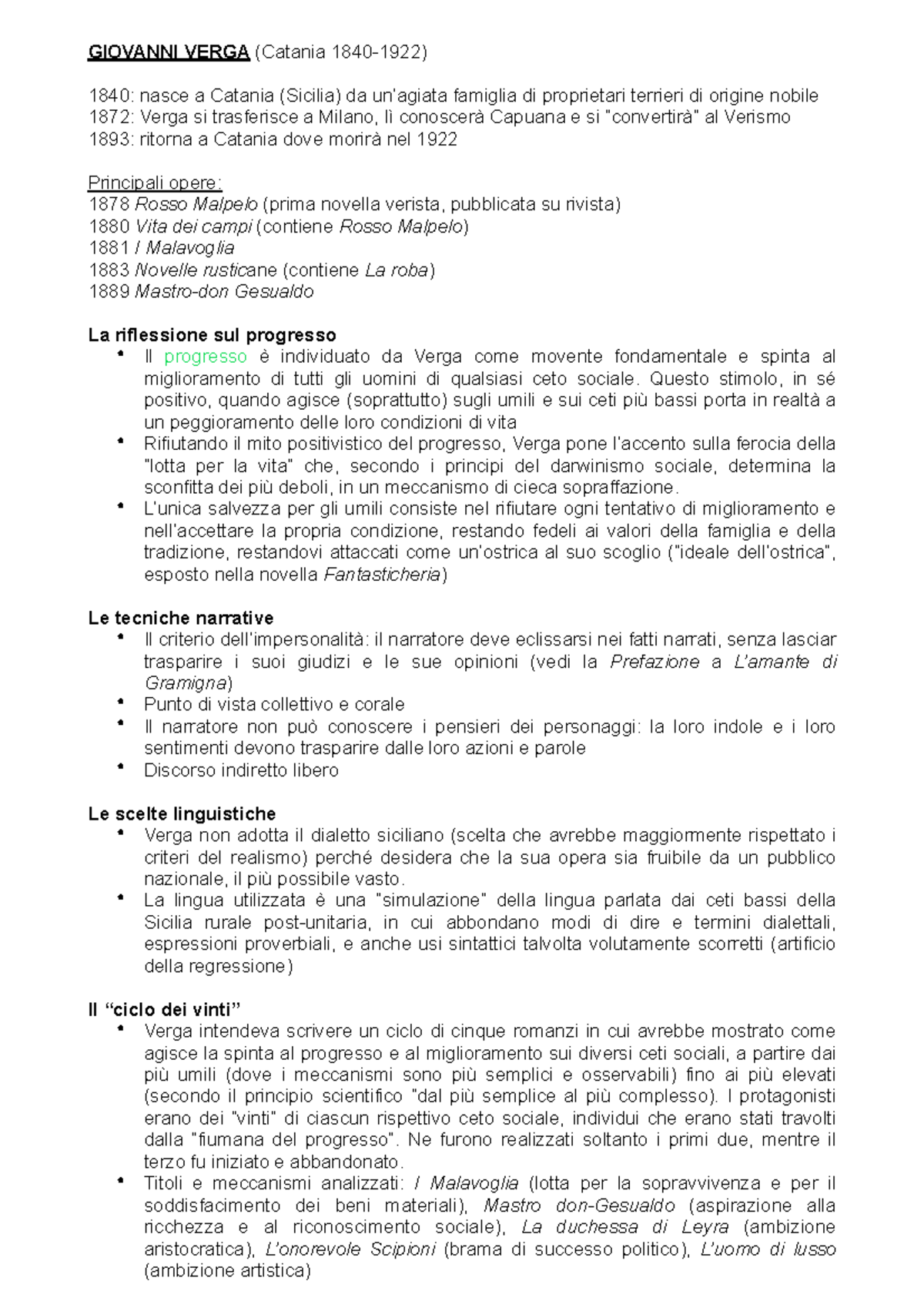 03. Verga pdf - appunti di lezione - GIOVANNI VERGA (Catania 1840-1922 ...