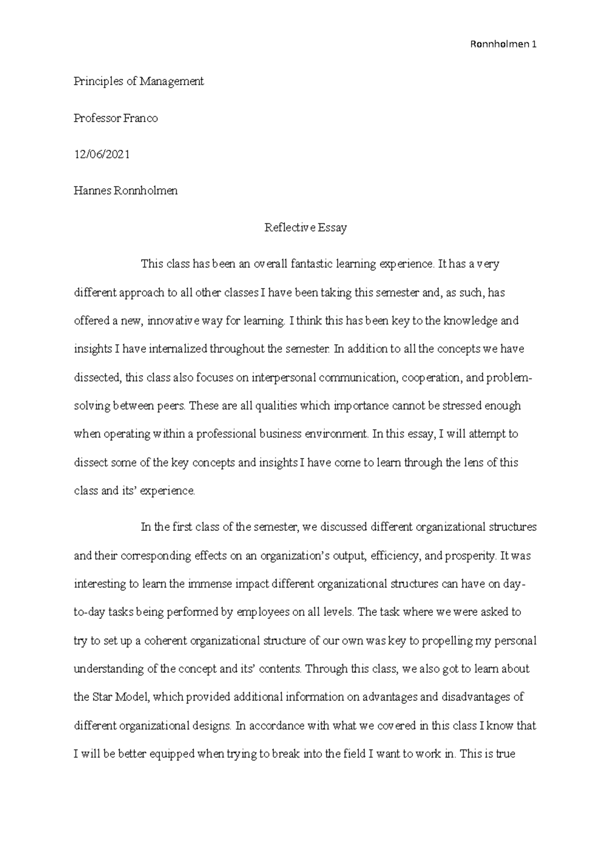 reflective essay on principles of management