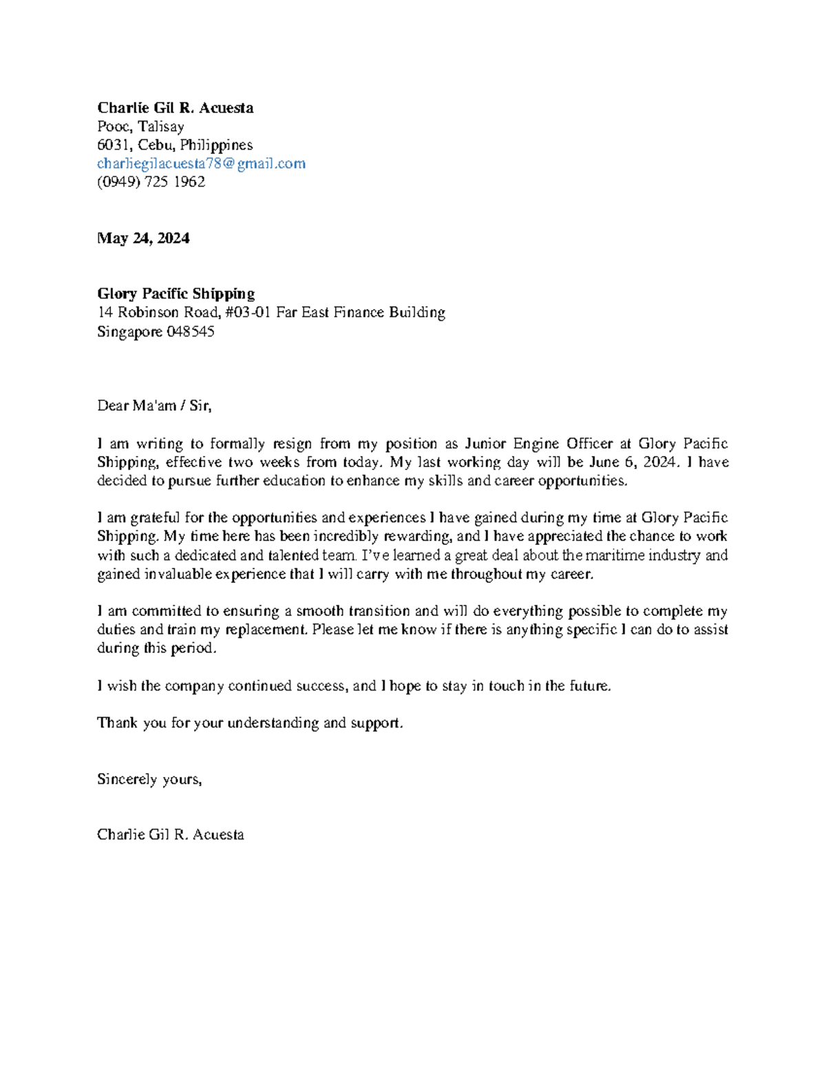 Resignation-Letter Acuesta - Charlie Gil R. Acuesta Pooc, Talisay 6031 ...