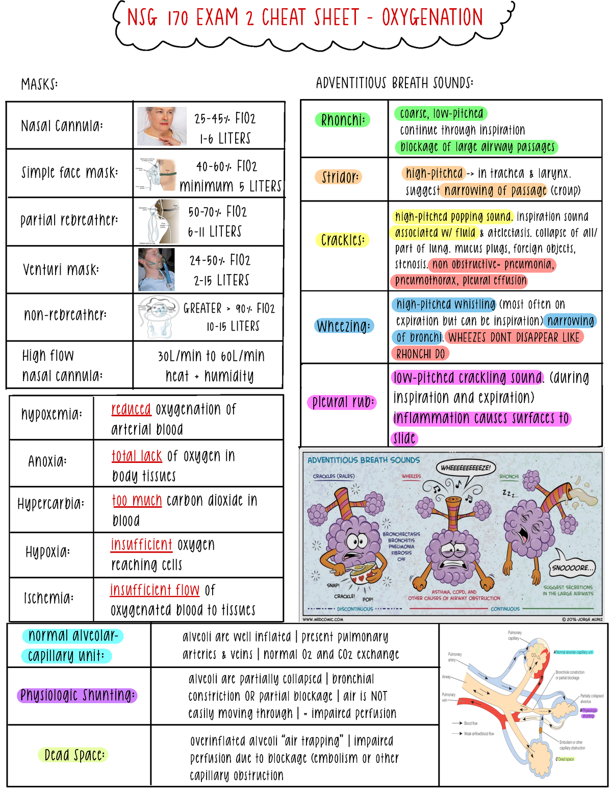 EXAM 2 Sheet - Study material for exam 2 - MASKS: 25-45% FIO 1-6 LITERS ...