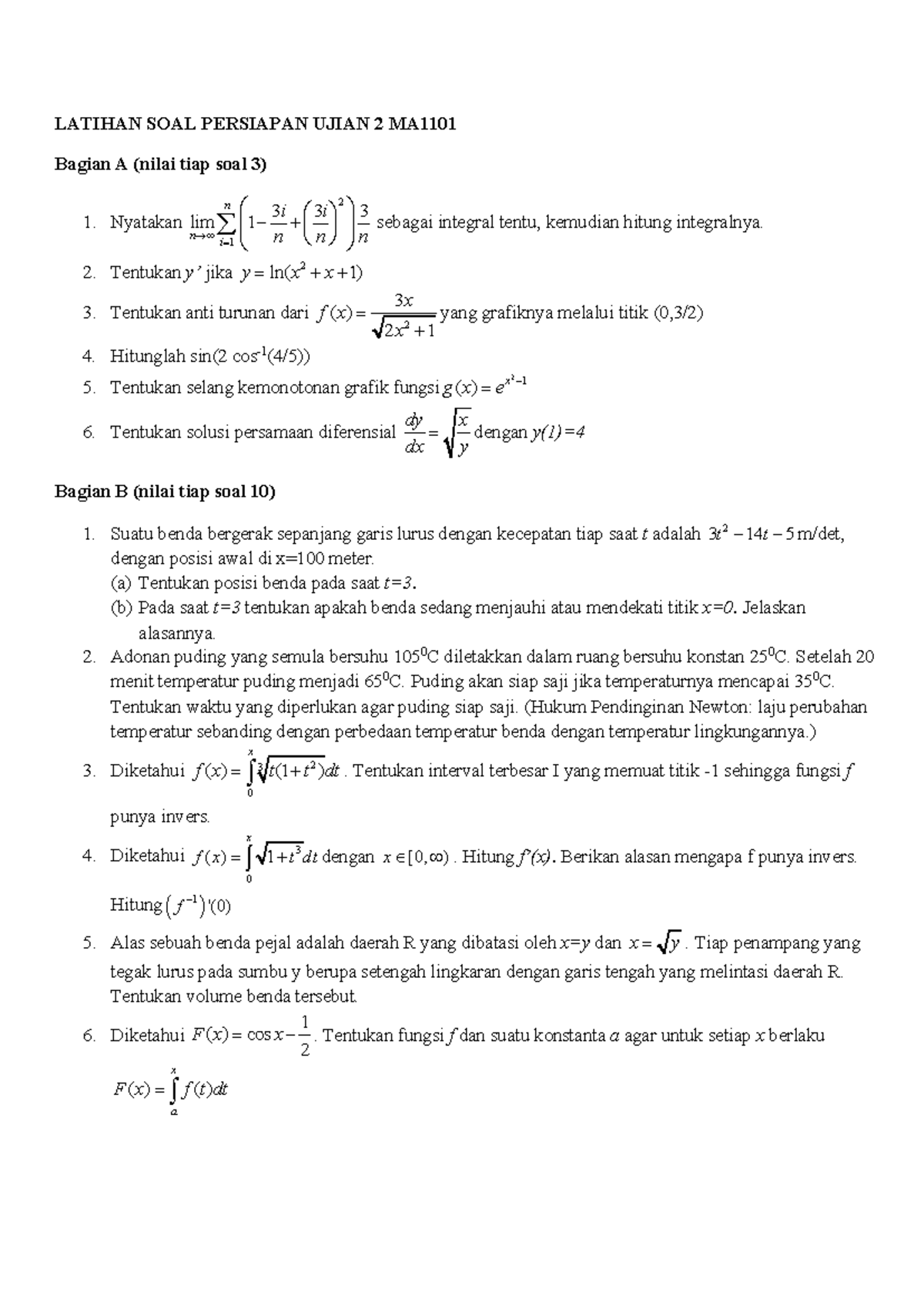 Calculus Exam Prep - LATIHAN SOAL PERSIAPAN UJIAN 2 MA Bagian A (nilai ...