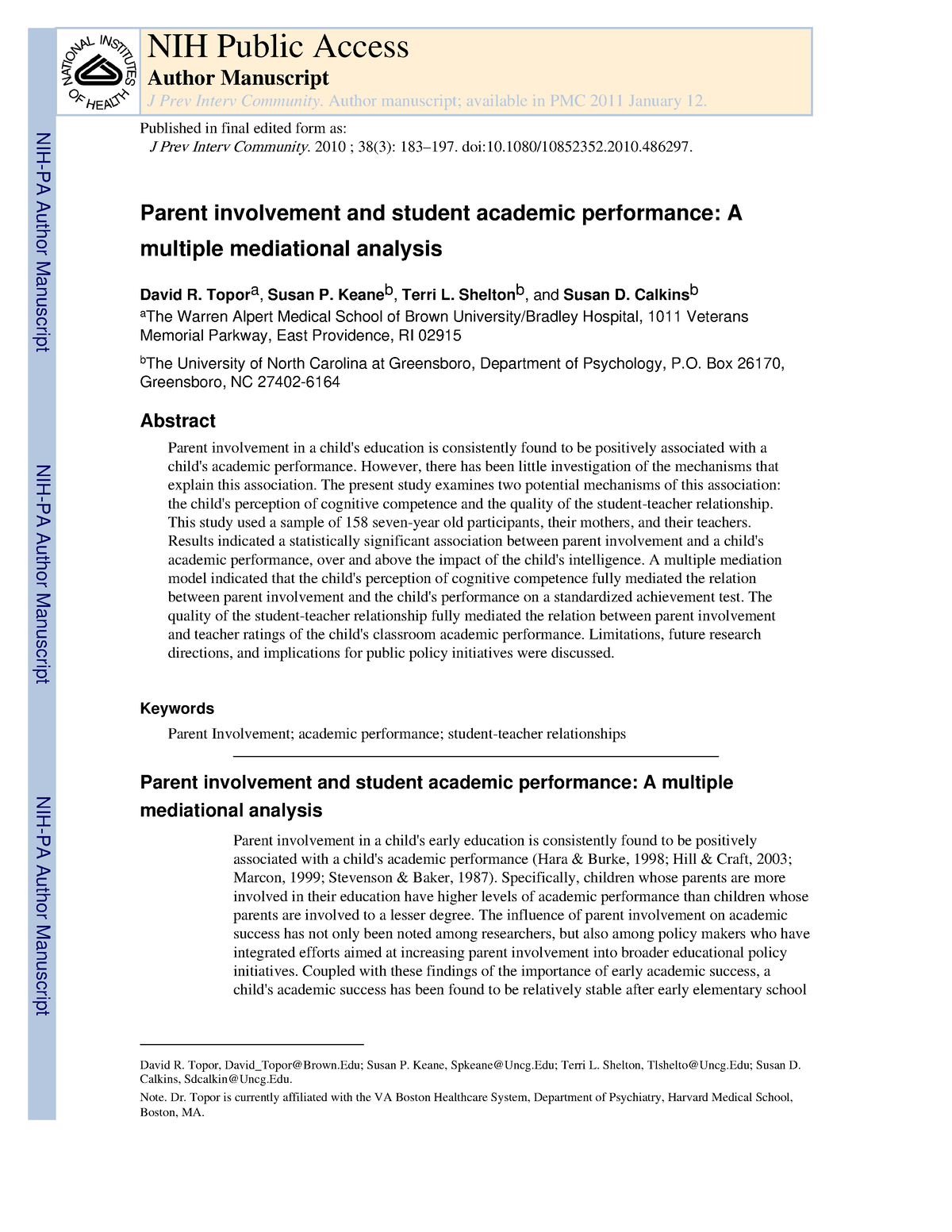 Nihms 262106 Hdifkchzmv Parent Involvement And Student Academic 