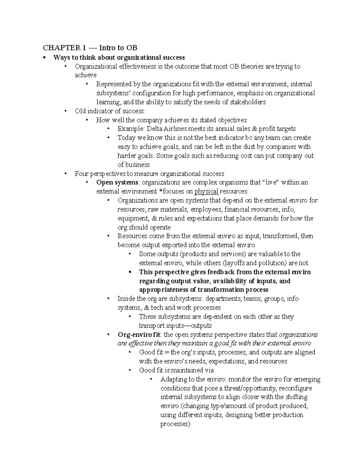 Chapter 1 Notes - CHAPTER 1 — Intro to OB - Ways to think about ...